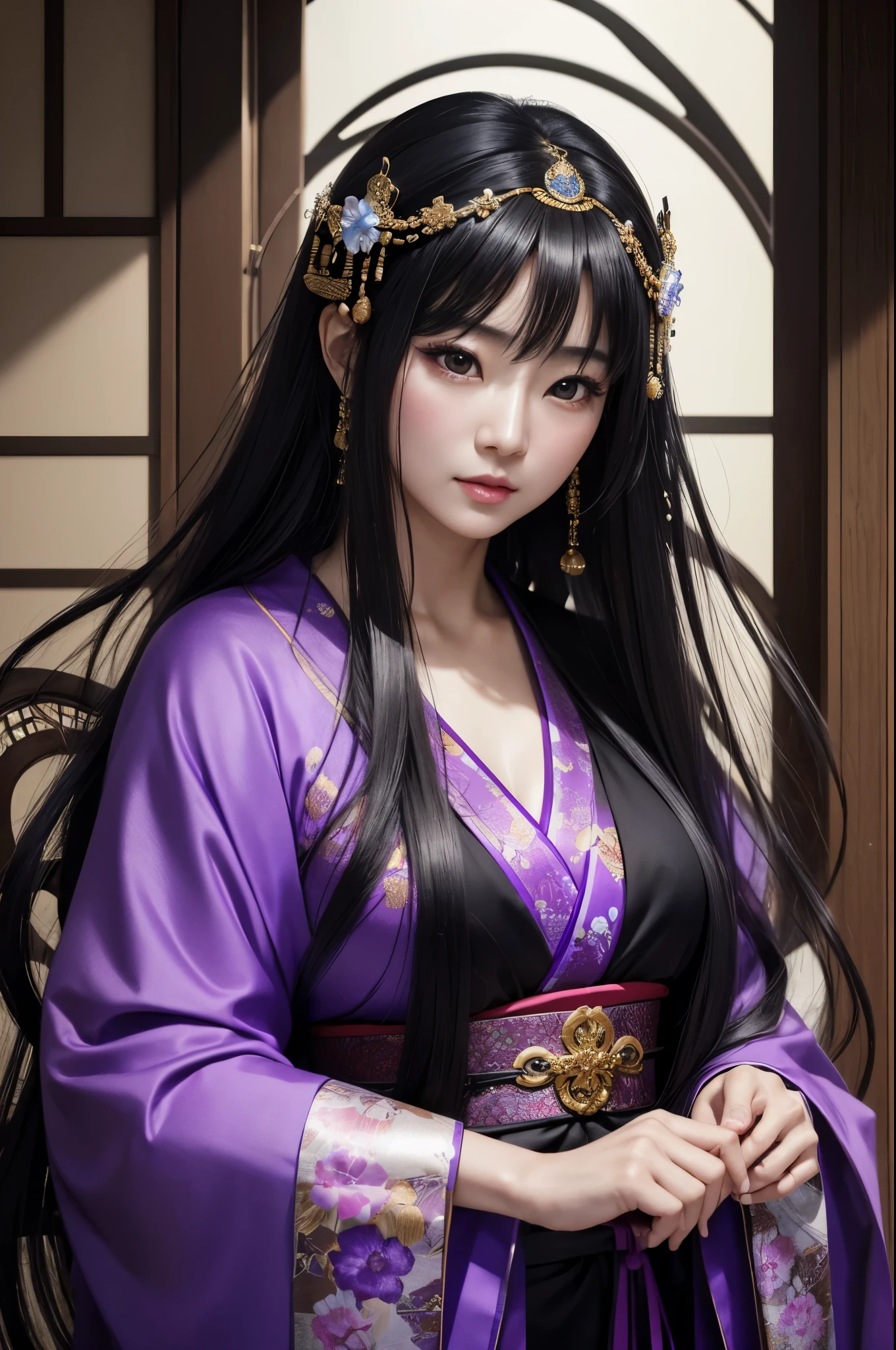 (8K,Photorealistic　to be born写真　Highest quality;1.4) Mature Japanese Goddess,so beautiful(A vivid face) ,(Long black hair),清楚なQueen,Gorgeous black and purple Japanese goddess&#39;Traditional costume of the month,Engage your audience,Beautiful expression,Moist black eyes,Queenのメイクアップ,(Queen),charm,Small breasts,Golden decoration,筋肉質の細い身体のマッチョなQueen,Gorgeous hair ornament,Holding a folding fan,kimono,Black and purple 月のkimono,非常にSmall breasts,Red eyeshadow,Ultra-high resolution,Surreal,Attention to detail,Rich colors, Backlight, Cinema Lighting, Film Grain, to be born, 50mm lens, Nikon D850,smile,Ultra-realistic,Highest qualityのフォトリアリスティックなRAW写真。Bright colors,Image of a perfect woman,Fantasy art,Character Art,background,A room in a large mansion,Extremely stiff abs,Muscular Beauty,Flower Hair Ornaments,Hairpin,