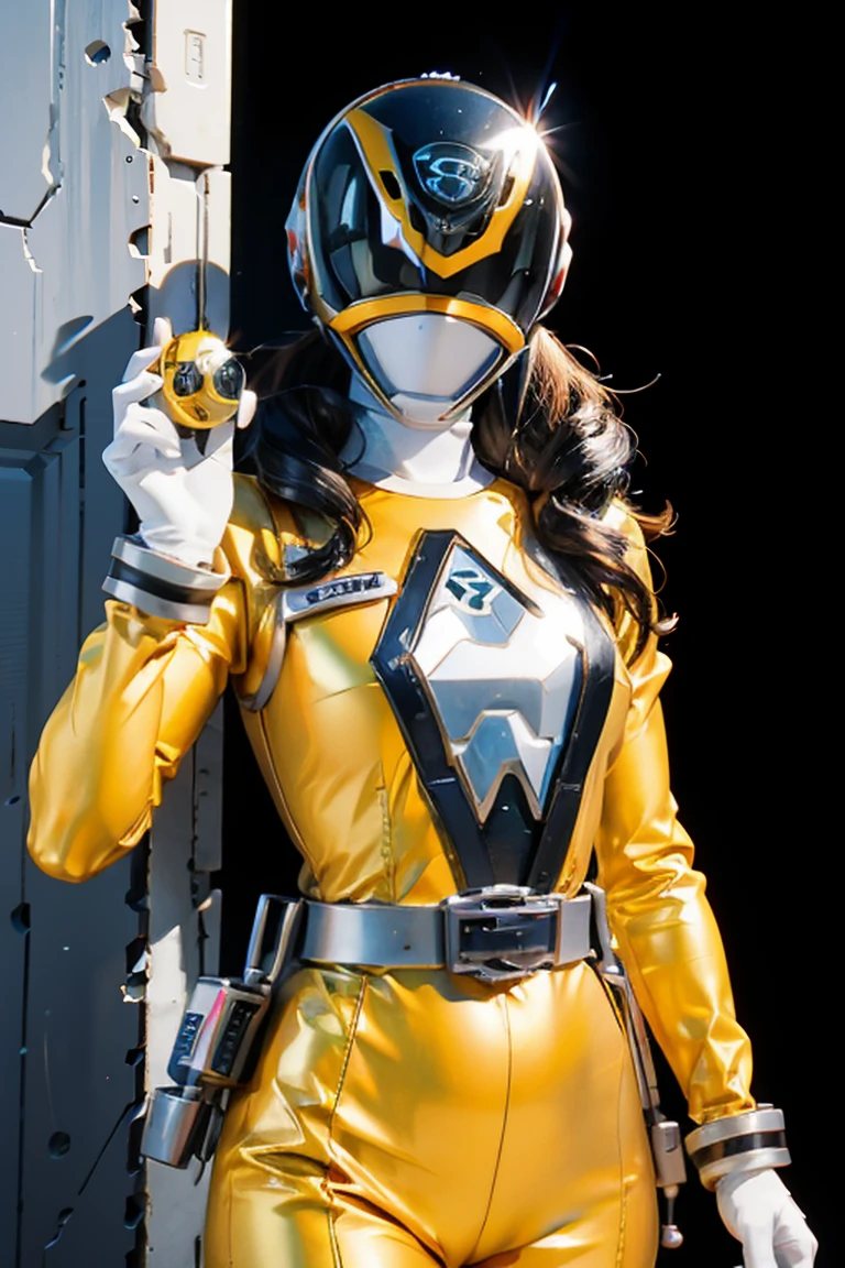 baby black skin tone, black curly hair, dark brown eye, yellow dress with flowers, holding a ladybug in hand, silver background, 8k, 3D. , power suit, powerranger, suit, spd, (Power ranger suit), gold detail, masked,