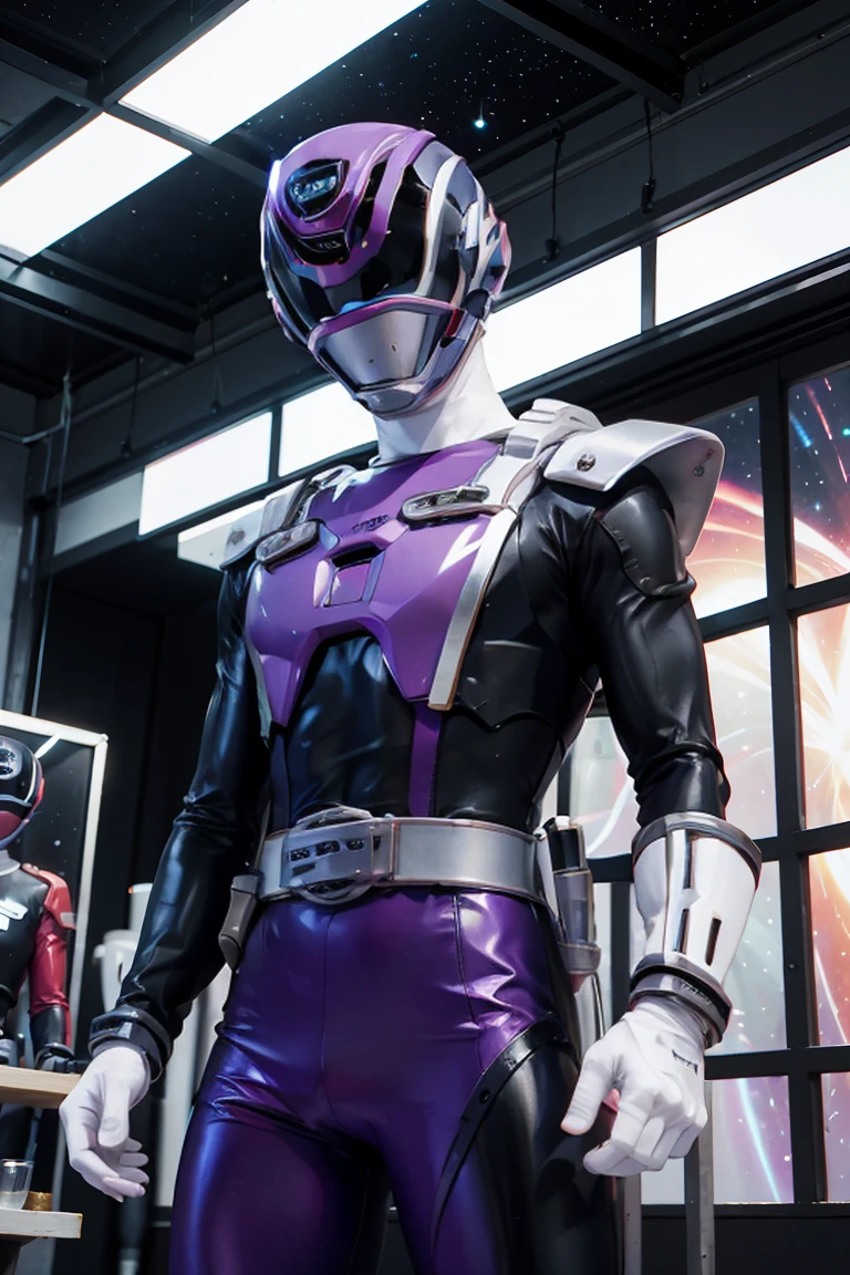 starry sky with the constellations of the zodiac, shades of purple as if they were nebulae, vast space, cyberpunk city at the bottom,   , power suit, powerranger, suit, spd, (Power ranger suit), gold detail, masked,
