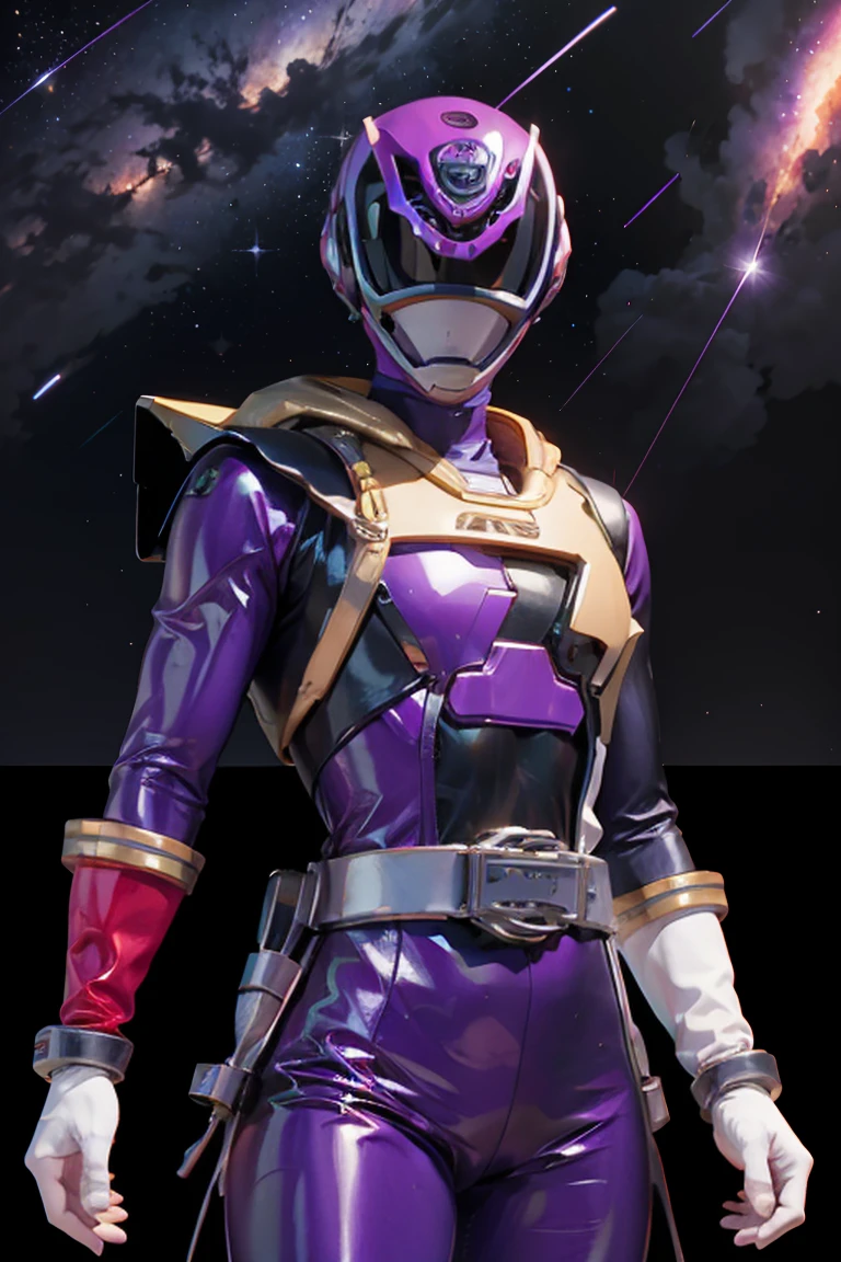 starry sky with the constellations of the zodiac, shades of purple as if they were nebulae, vast space, cyberpunk city at the bottom,   , power suit, powerranger, suit, spd, (Power ranger suit), gold detail, masked,
