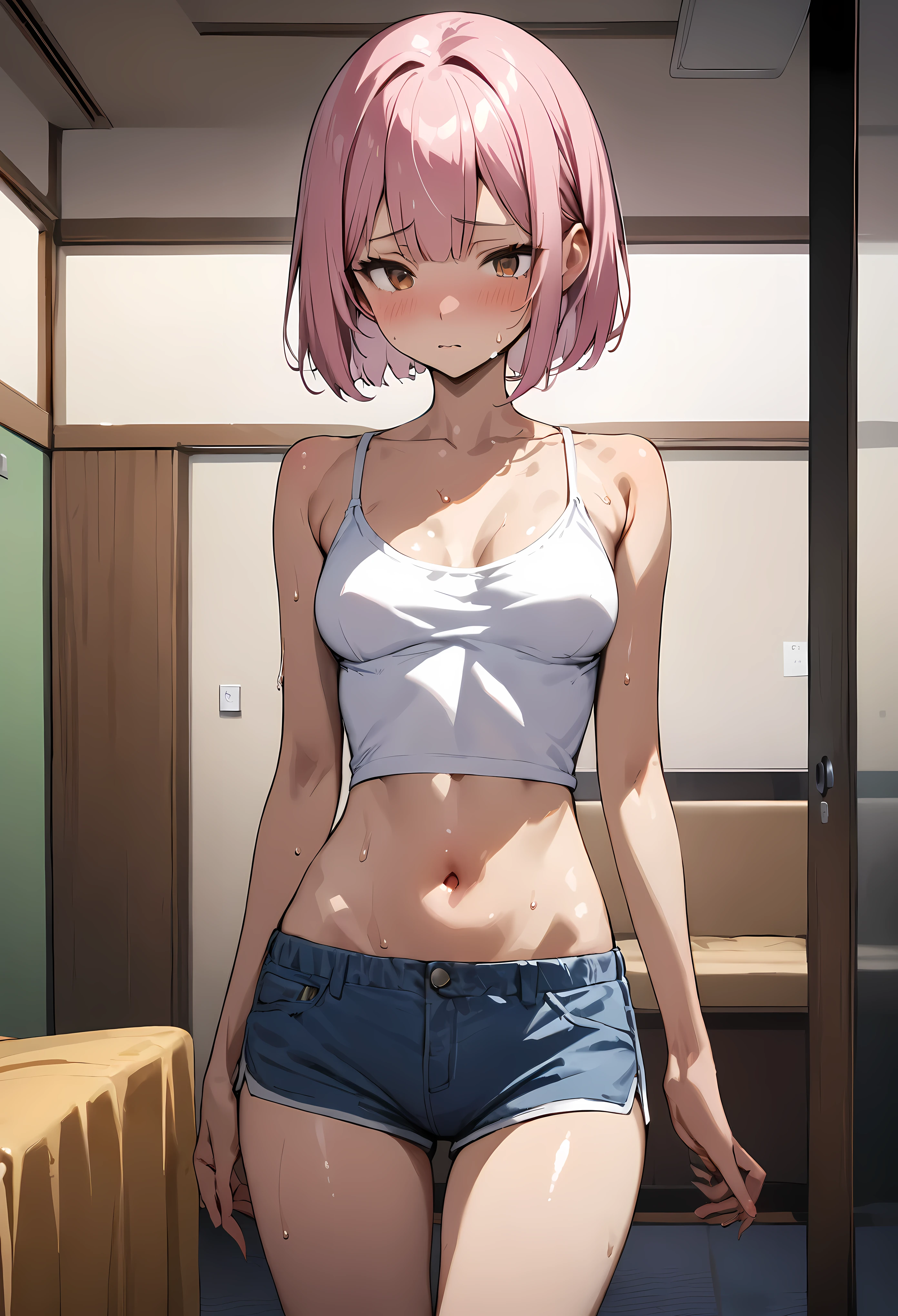 ((masterpiece,Highest quality:1.3,best quality illustration)),cowboy shot,1woman,18 year old Japanese beauty,((very small head:1.4)),(short bob pink hair),bangs,brown eyes,gorgeous eyes,shy,medium breasts,((very long body)),White tank top、Grey micro shorts,navel、(toned body,slender body,skinny),gleaming skin,shiny skin,oily skin,sweat,standing,Simple bedroom、simple hotel、Tokyo,