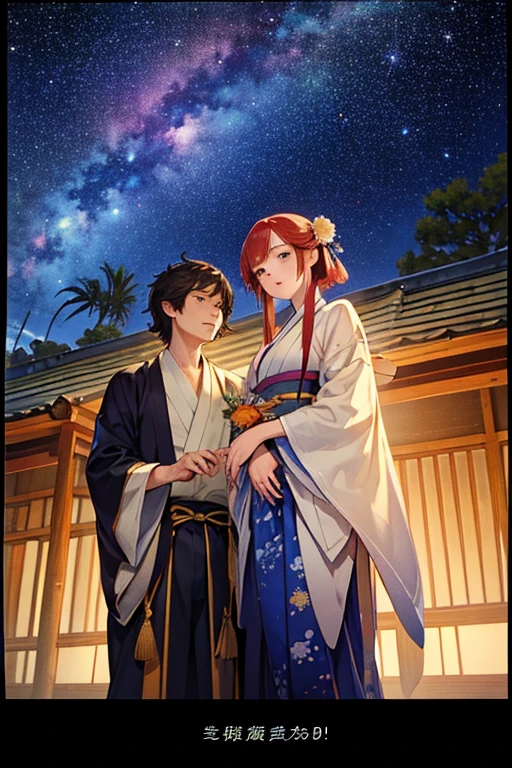 Highest quality、masterpiece、High sensitivity、High resolution、Detailed Description、Tanabata、A man and a woman meet、Orihime and Hikoboshi、milky way、Bamboo leaf、Strip、