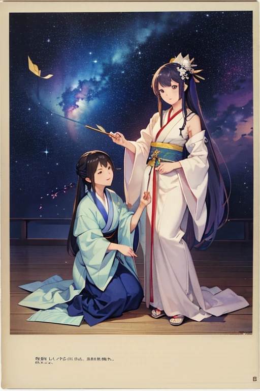 Highest quality、masterpiece、High sensitivity、High resolution、Detailed Description、Tanabata、A man and a woman meet、Orihime and Hikoboshi、milky way、Bamboo leaf、Strip、