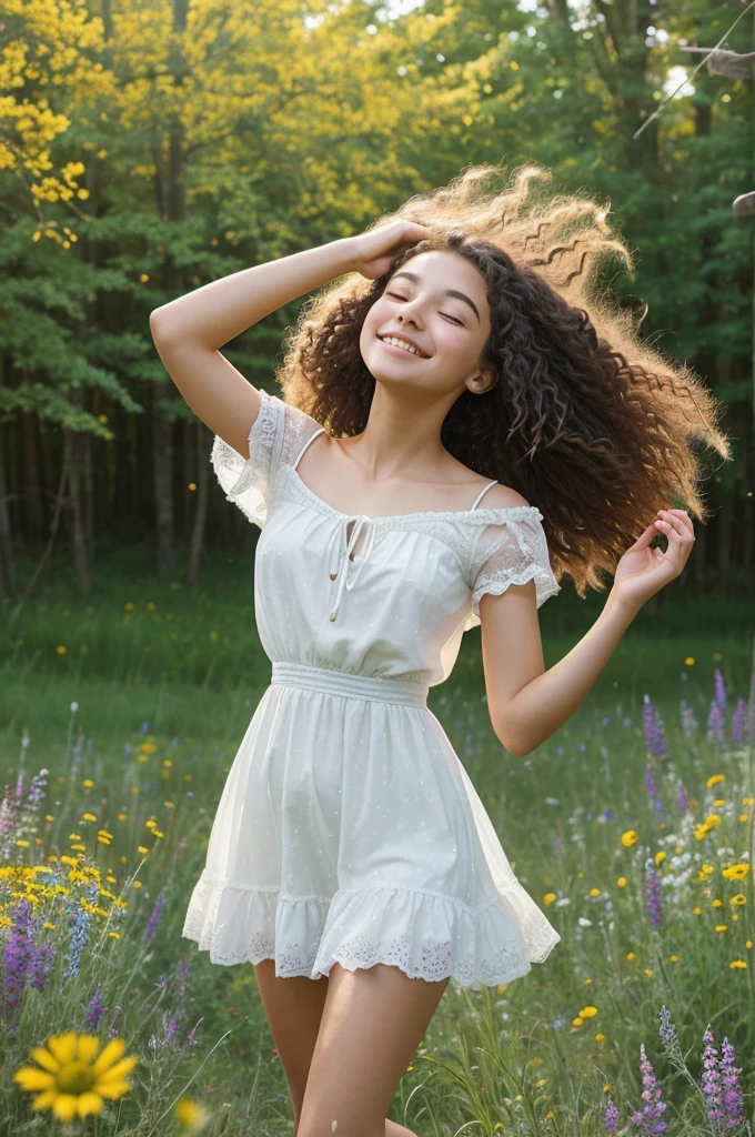 "A young girl with long, curly hair and a bright smile stands at the edge of a vibrant meadow, surrounded by swaying wildflowers that reach up to her knees. She closes her eyes, feeling the warm sun on her face and the gentle breeze rustling her hair. As she takes a deep breath, a flurry of colorful petals and sparkling glitter swirls around her, filling the air with magic and wonder. The atmosphere is lively and joyful, with a sense of freedom and enchantment. Suddenly, a delicate winged creature flits into view, hovering near her outstretched hand as if waiting for her next move."