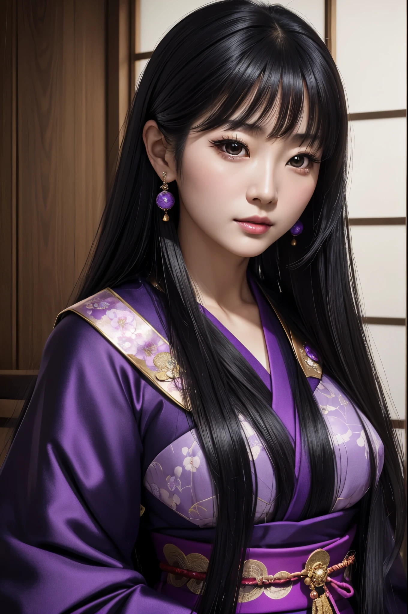 (8K,Photorealistic　to be born写真　Highest quality;1.4) Mature Japanese Goddess,so beautiful(A vivid face) ,(Long black hair),清楚なQueen,Gorgeous black and purple Japanese goddess&#39;Traditional costume of the month,Engage your audience,Beautiful expression,Moist black eyes,Queenのメイクアップ,(Queen),charm,Small breasts,Golden decoration,筋肉質の細い身体のマッチョなQueen,Gorgeous hair ornament,Holding a folding fan,kimono,Black and purple 月のkimono,非常にSmall breasts,Red eyeshadow,Ultra-high resolution,Surreal,Attention to detail,Rich colors, Backlight, Cinema Lighting, Film Grain, to be born, 50mm lens, Nikon D850,smile,Ultra-realistic,Highest qualityのフォトリアリスティックなRAW写真。Bright colors,Image of a perfect woman,Fantasy art,Character Art,background,A room in a large mansion,Extremely stiff abs,Muscular Beauty,Flower Hair Ornaments,Hairpin,