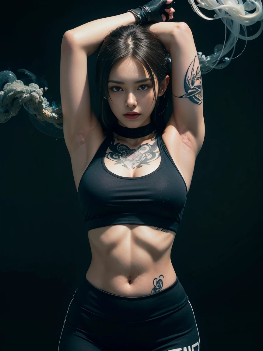 ((top-quality, 8K, masterpiece:1.3)),photorealistic portrait of tattooed girl ,wearing detailed sports bra and leggings, Emphasizes abdominal muscles,big breasts, lot of black tattoos on body,  tattooed body, while the chest tattoo adds a cinematic touch to the scene amidst the black tattoo, cinematic lighting completes the overall atmosphere ,in the gym background, standing, (upper body image:1.5)rms up , hands behind head,dark tone,smoke color,black groud