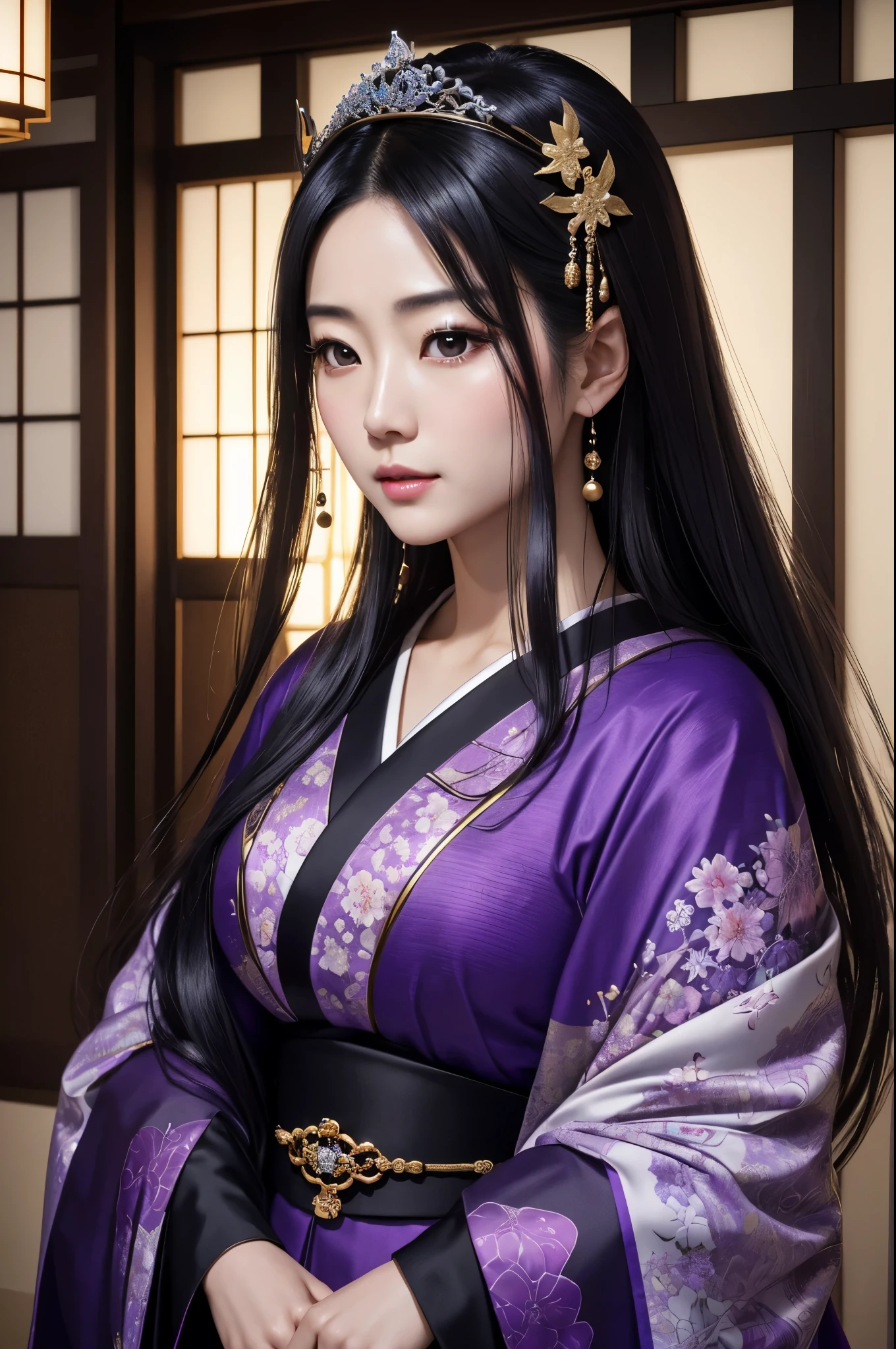 (8K,Photorealistic　to be born写真　Highest quality;1.4) Mature Japanese Goddess,so beautiful(A vivid face) ,(Long black hair),清楚なQueen,Gorgeous black and purple Japanese goddess&#39;Traditional costume of the month,Engage your audience,Beautiful expression,Moist black eyes,Queenのメイクアップ,(Queen),charm,Small breasts,Golden decoration,筋肉質の細い身体のマッチョなQueen,Gorgeous hair ornament,Holding a folding fan,kimono,Black and purple 月のkimono,非常にSmall breasts,Red eyeshadow,Ultra-high resolution,Surreal,Attention to detail,Rich colors, Backlight, Cinema Lighting, Film Grain, to be born, 50mm lens, Nikon D850,smile,Ultra-realistic,Highest qualityのフォトリアリスティックなRAW写真。Bright colors,Image of a perfect woman,Fantasy art,Character Art,background,A room in a large mansion,Extremely stiff abs,Muscular Beauty,Flower Hair Ornaments,Hairpin,