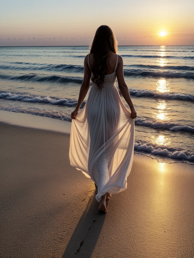 Draw the most beautiful woman in the world walking towards the sunset. Imagine a scene where she is on a serene beach, with gentle waves caressing the golden sand. The woman has long hair that shines in the light of the setting sun, moving gracefully with the breeze. She wears a light, flowing dress that seems to float around her., reflecting the vibrant colors of the evening sky - shades of orange, pink and purple.
As she walks, your steps leave delicate footprints in the damp sand, that are soon erased by the waves. His face expresses a serene calm and lightness of spirit, as if in perfect harmony with the natural beauty around you. Sunset paints the horizon with a dazzling palette, and the golden reflection of light on the sea creates a shining path that seems to guide your steps.
Ao longe, you can see silhouettes of palm trees gently swaying and some sea birds gliding in the sky. The gentle sound of the waves and the distant song of birds create a tranquil melody that complements the majesty of the moment.. It is a setting of incomparable peace and beauty, where the most beautiful woman in the world walks towards the horizon, enveloped in golden splendor.
