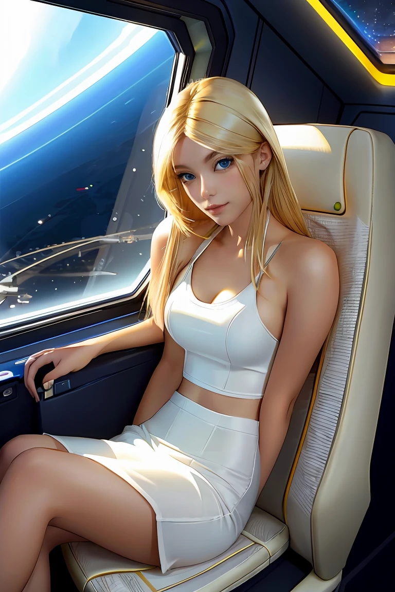 A blond young sexy woman with hair and hot clothes sits on a seat in a spaceship and the window can show beautiful staras