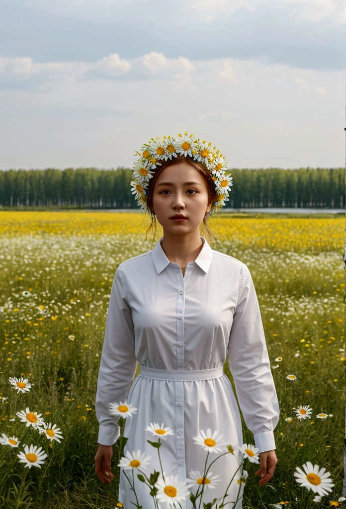 invitation to " Zaonezhye Day", against the backdrop of a field of daisies and birches, a girl walks in a long shirt with a birch wreath on her head