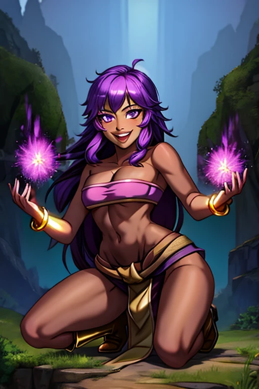 (MasterPiece) (Highly Detailed) (4k), 1female, solo, 25 year old woman, Sorceress, Fantasy, Fantasy environment, (Dark Skin:1.4), Purple eyes, Purple Hair, Pink Hair, Long Hair, covered in tattoos, (Wearing: strapless top, loincloth, golden bracelets, golden head piece, knee high boots:1.2), looking at viewer with an amused smile, both hands glowing bright purple, purple magic, bright purple sparks in both hands,