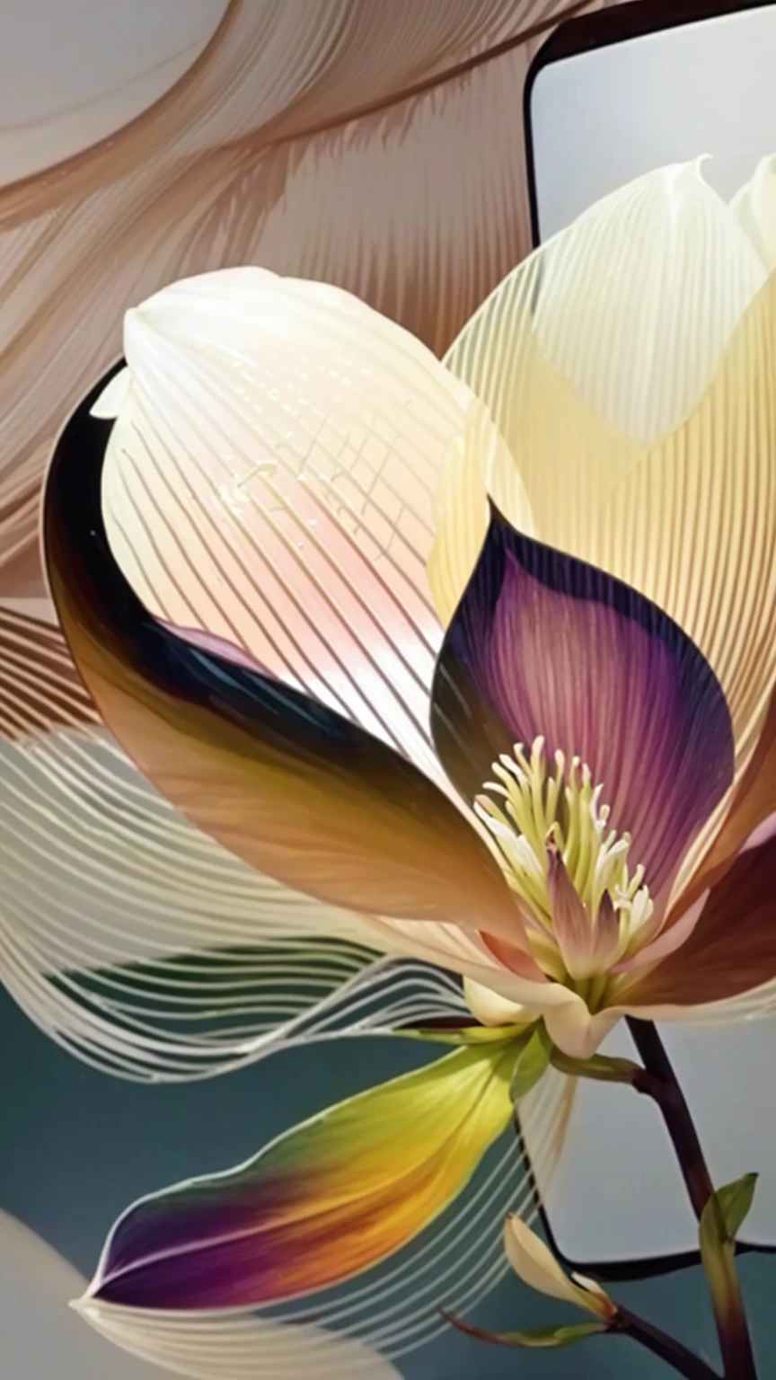 a close-up of a flower with a mirror in the background, Magnolia, depicting a flower, inspired by Carpoforo Tencalla, glowing delicate flower, large exotic flowers, ai assisted digital painting, exquisite digital artwork, fine digital art, contemporary digital art, digital art trends, digital art of an elegant, complex digital painting, impressive lines