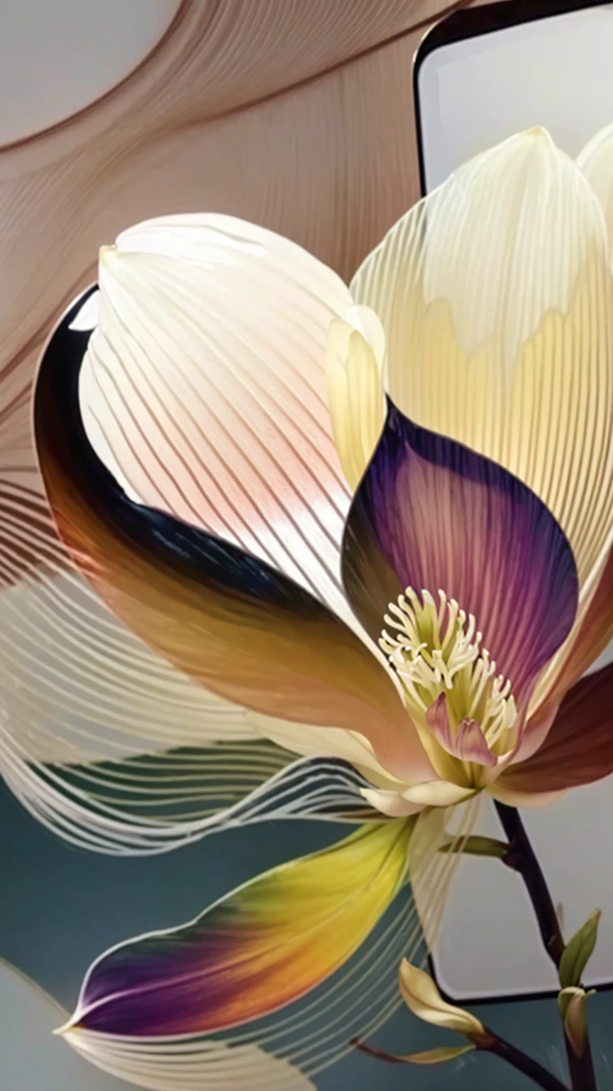 a close-up of a flower with a mirror in the background, Magnolia, depicting a flower, inspired by Carpoforo Tencalla, glowing delicate flower, large exotic flowers, ai assisted digital painting, exquisite digital artwork, fine digital art, contemporary digital art, digital art trends, digital art of an elegant, complex digital painting, impressive lines