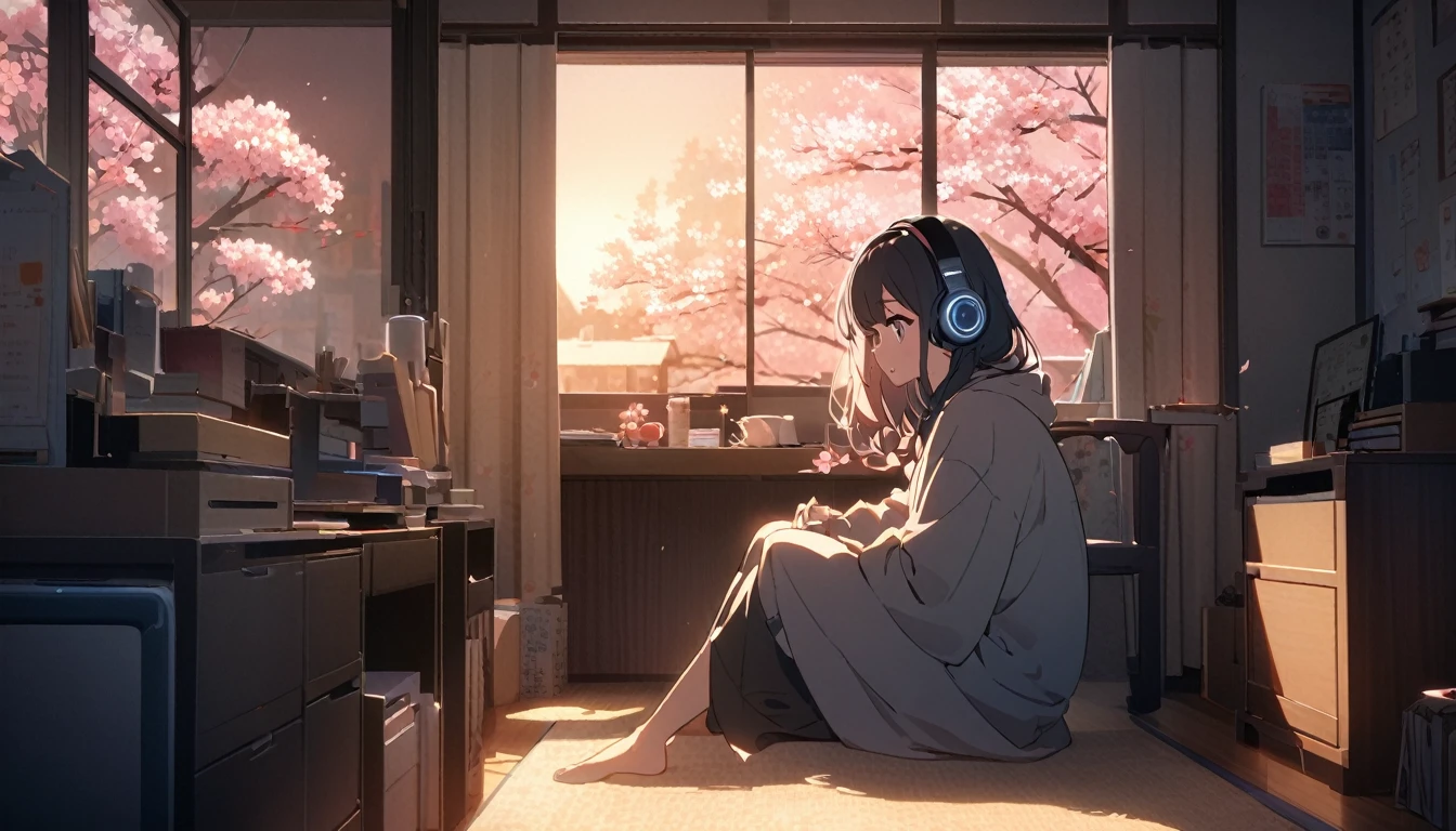 Beautiful girl studying in her room while listening to music on headphones、Warm lighting、There are cherry blossoms outside the room.　Japanese anime style