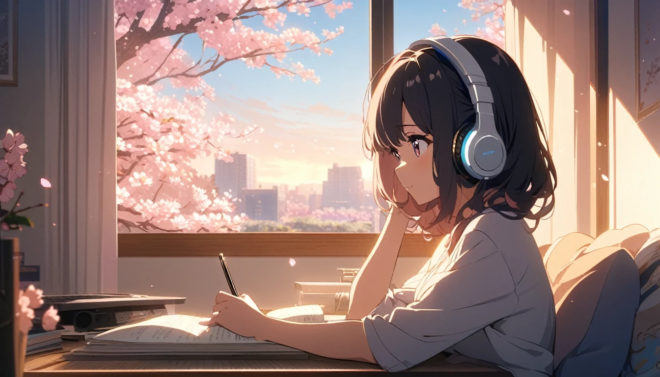 Beautiful girl studying in her room while listening to music on headphones、Warm lighting、There are cherry blossoms outside the room. Japanese anime style