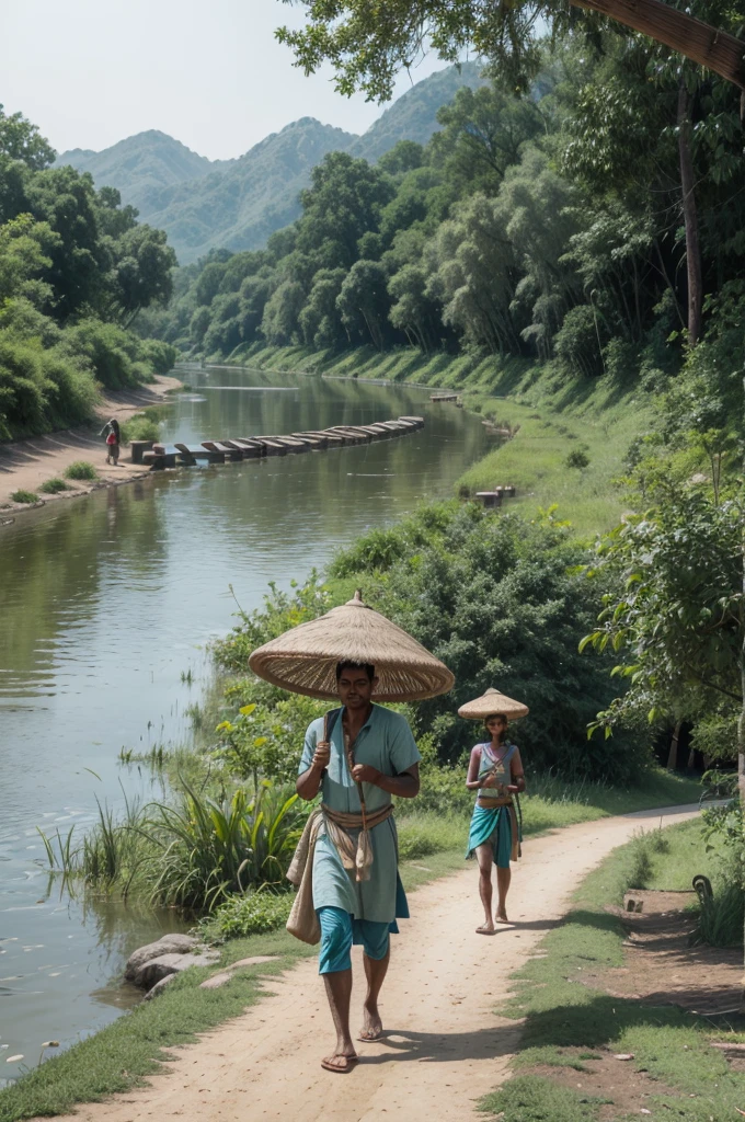 "An Indian water carrier walking along a dirt path, balancing two large pots on a wooden pole across his shoulders, with a serene river in the background and lush green surroundings, traditional Indian village setting."