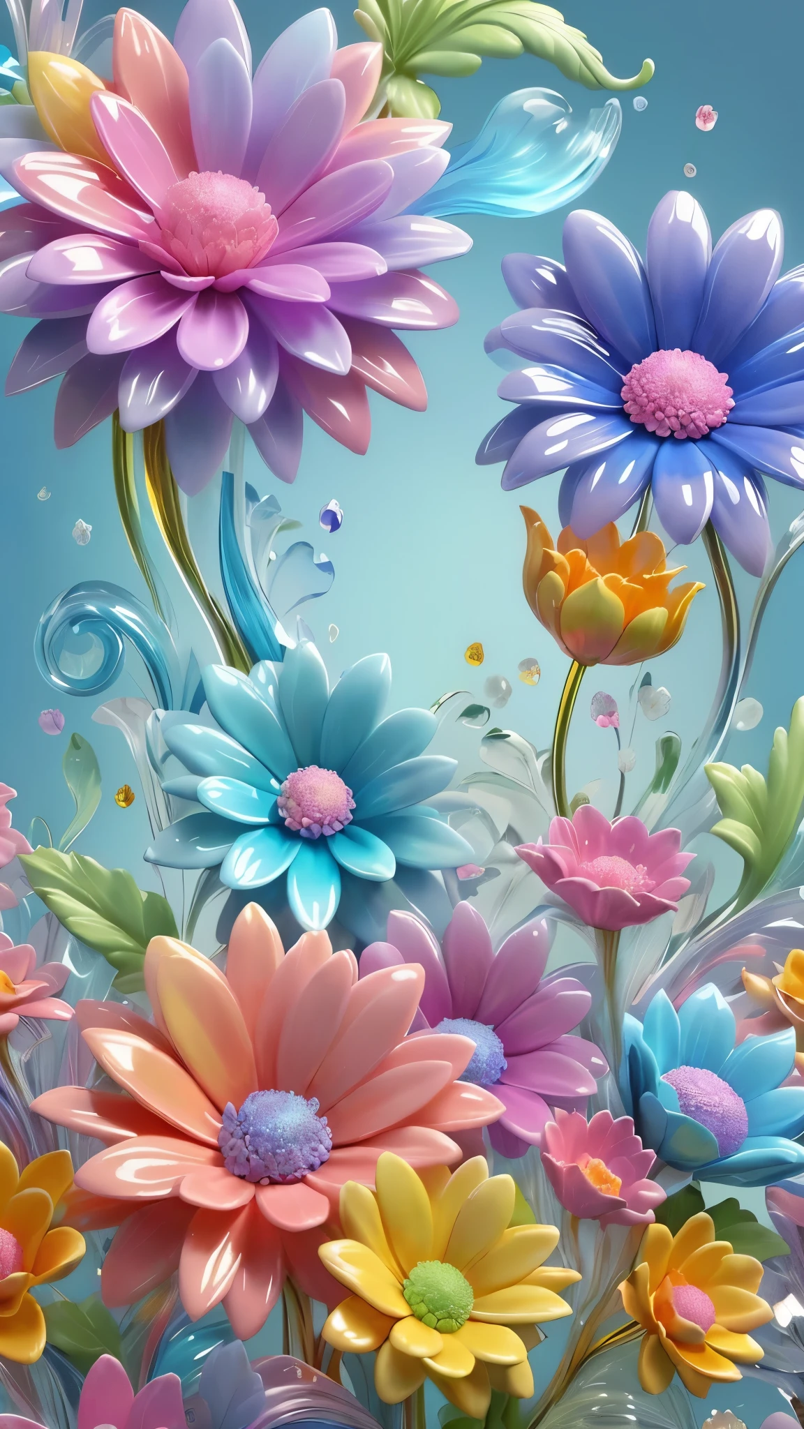 flowers are painted in different colors and sizes on a blue background, magical colorful flowers, floral flowers colorful, flowery wallpaper, swirling flowers, colorful flowers, colored flowers, magical flowers, stylized flowers, fantasy flowers and leaves, colourful flowers, detailed flowers, colorful hd picure, beautiful and colorful, ornate flowers, beautiful wallpaper, field of fantasy flowers