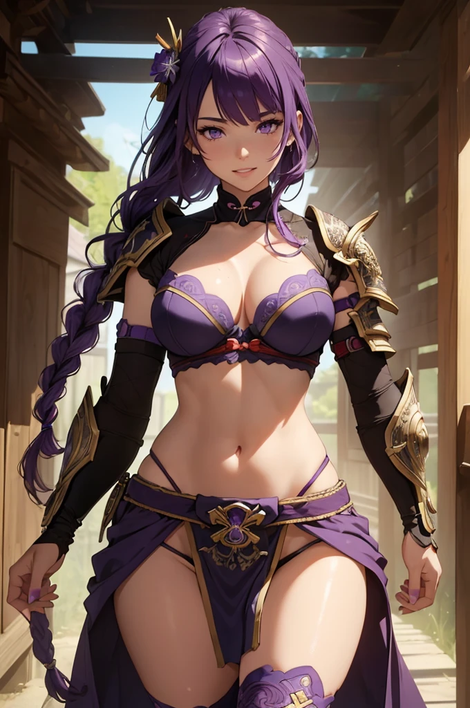 ((1girl, solo)), beautiful body, (perfect anatomy, perfect body, perfect hands, perfect legs), natural proportions, sexy body, large breasts, cowboy shot BREAK

((extremely detailed face)), (beautiful detailed eyes:1.6), (realistic pupils, realistic iris:1), expressive eyes, looking at viewer, (clear eyes:1.3), (hyperrealistic:1.2), (detailed skin texture:1.2), smooth skin, (raiden shogun), (purple hair:1.5), (purple eyes), long hair, very long hair, braid, ((braided ponytail)), bangs, parted bangs, hair ornament, hair flower, hair tie, ((mature female)), (grin:1.1), (detailed lips:1.3), (attractive lips:1.1), (glossy lips:1.1), (parted lips), perfect face, perfect eyes BREAK

(revealing clothes:1.5), (samurai armor), (japanese armor:1.5), cleavage, bra, (shoulder armor:1.4), (arm guard:1.5), stomach, navel, (groin:1.5), (highleg:1.5), (pelvic curtain:1.4), thighs, purple thighhighs, tassel, shimenawa bow BREAK

(masterpiece:1.5), anime-style, top quality, best quality, (beautiful and aesthetic:1.2), (ultra detail:1.5), ultra-detailed depiction, ultra-precise depiction, extremely detailed 8k illustration, high resolution, (highly detailed shading:1.2), (realistic lighting:1.4), perfect lighting, vibrant colors, dynamic tones, striking hues, 8k, absurd resolution, perfect shadows, hdr, UHD, ambient lighting, realistic, ultra-realistic, photo realistic, highly detailed, rich detail, luminous colors, fine texture, intricate design, professional illustration, (soft light:1.2), (illustration:0.7)
