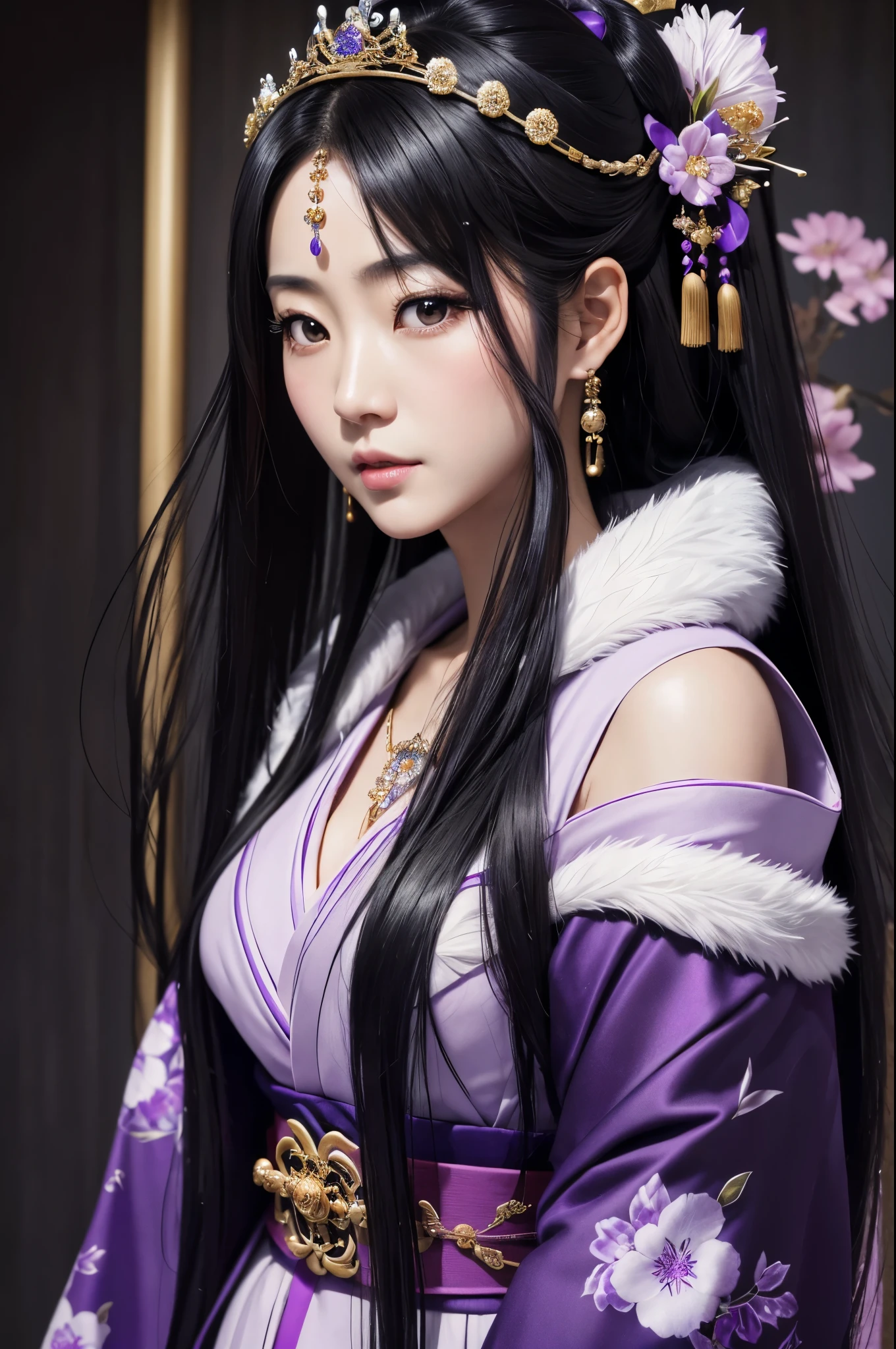 (8K,Photorealistic　to be born写真　Highest quality;1.4) Mature Japanese Goddess,so beautiful(A vivid face) ,(Long black hair),清楚なQueen,Gorgeous black and purple Japanese goddess&#39;Traditional costume of the month,Engage your audience,Beautiful expression,Moist black eyes,Queenのメイクアップ,(Queen),charm,Small breasts,Golden decoration,筋肉質の細い身体のマッチョなQueen,Gorgeous hair ornament,Holding a folding fan,kimono,Black and purple 月のkimono,非常にSmall breasts,Red eyeshadow,Ultra-high resolution,Surreal,Attention to detail,Rich colors, Backlight, Cinema Lighting, Film Grain, to be born, 50mm lens, Nikon D850,smile,Ultra-realistic,Highest qualityのフォトリアリスティックなRAW写真。Bright colors,Image of a perfect woman,Fantasy art,Character Art,background,A room in a large mansion,Extremely stiff abs,Muscular Beauty,Flower Hair Ornaments,Hairpin,