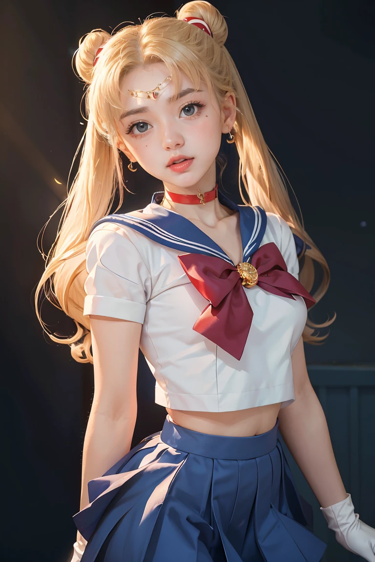 masterpiece, best quality, sailor moon,1girl, long hair,jewelry, sailor senshi uniform, blue sailor collar,blonde hair, red choker,white gloves, twintails, red bow, blue skirt, blue eyes, hair bun,