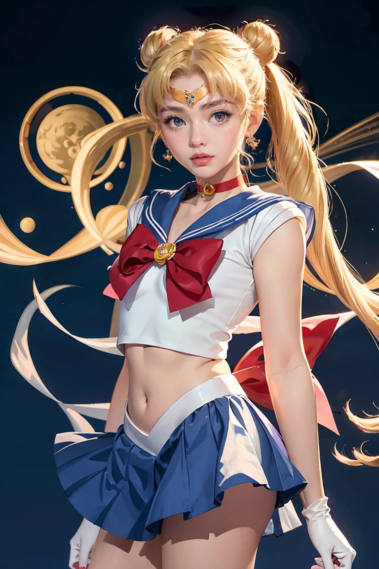 masterpiece, best quality, sailor moon,1girl, long hair,jewelry, sailor senshi uniform, blue sailor collar,blonde hair, red choker,white gloves, twintails, red bow, blue skirt, blue eyes, hair bun,