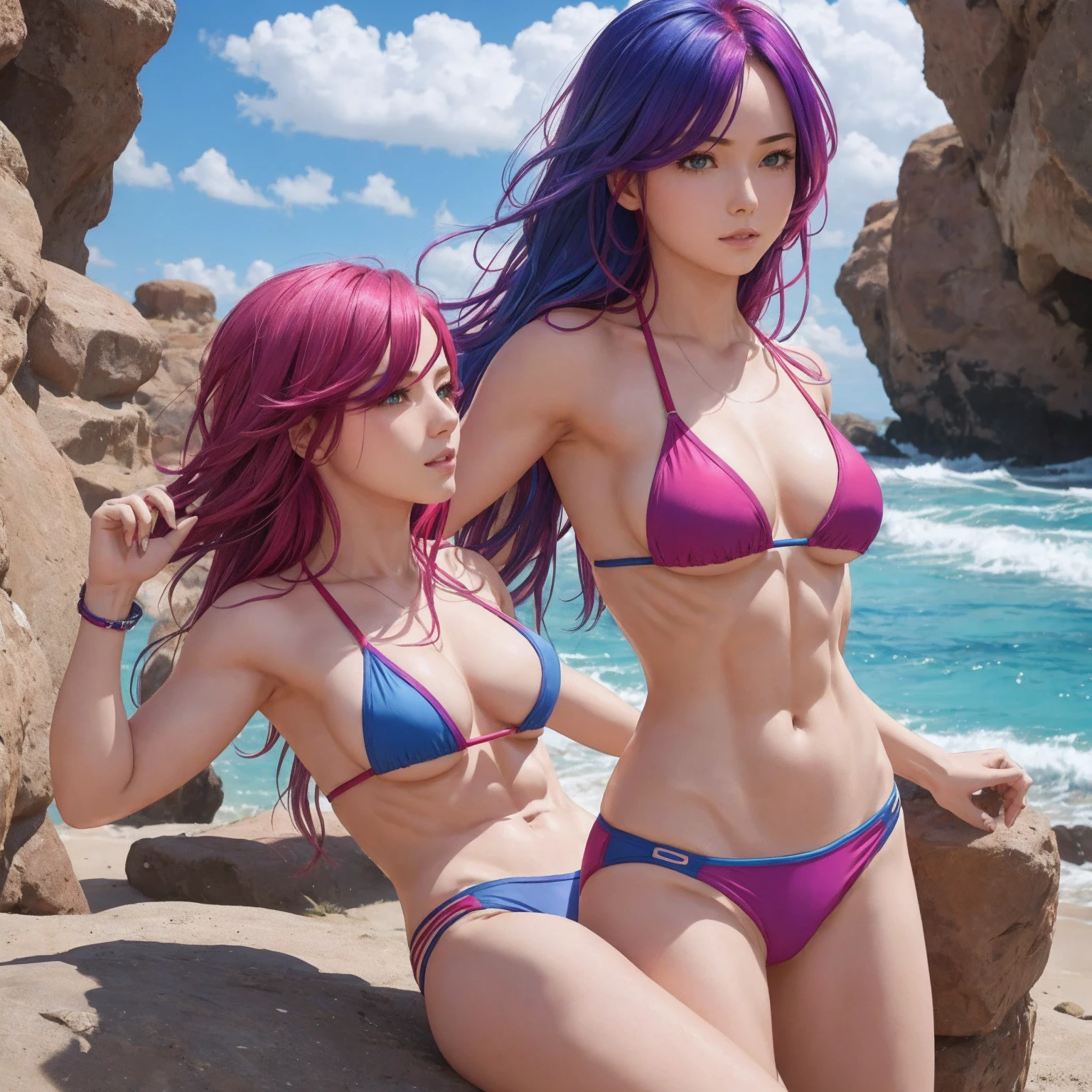 Topless, colourful blue red purple pink hair, public hair, colorful bikini, solo, fit, woman, topless, abs