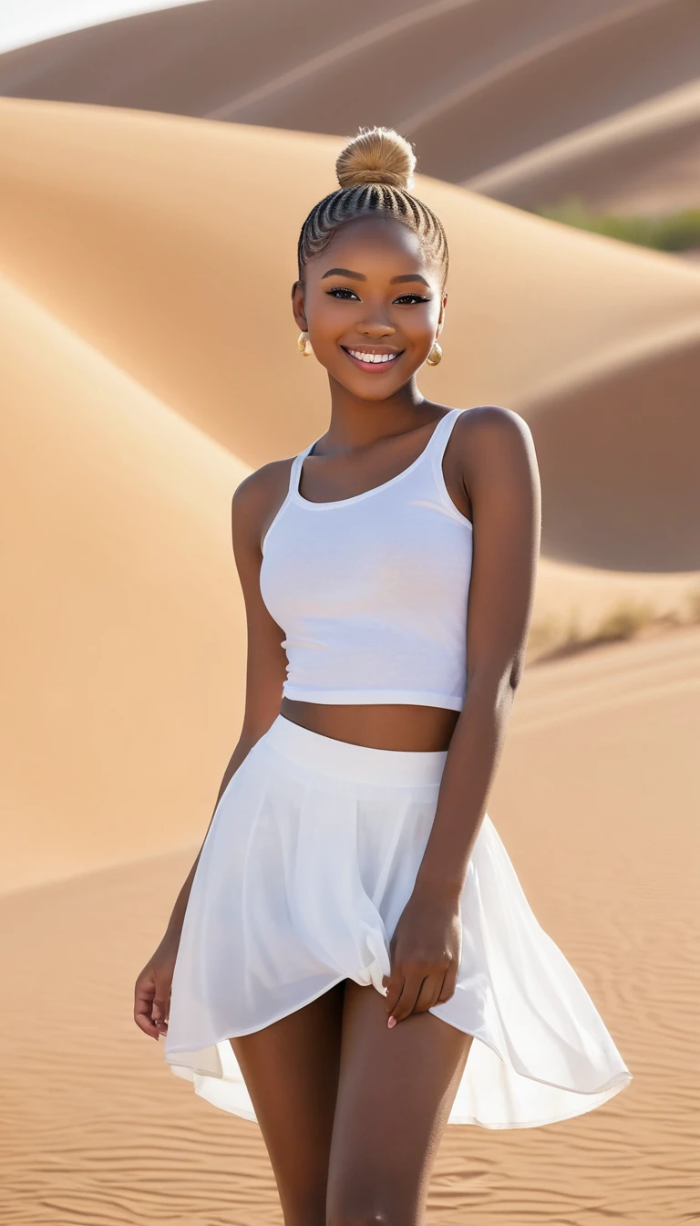 Ultra-realistic, high-quality full-body photos,A slim、Full breasts、18 years old African beauty,With cute、Delicate shy face、Natural blond straight long ponytail and shy smile , Realistic round hazel eyes, Natural lips, Apply dark eye makeup with eyeliner, Wearing a white skirt, Hourglass figure, desert photography, Tanning, Not suitable for working hours
