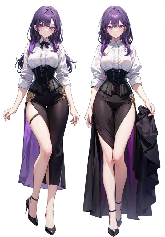 purple,long hair,woman,(corset),Shirt with rolled up sleeves,((Roll up your sleeves)),high heels,,simple background,smile,whole body,full body,full body,Standing picture,vtuber,upright,,Standing upright with face and body facing forward,