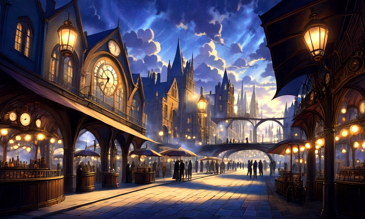 fantasy art, ultra wide shot, realistic, detailed, deviant art, contest winner, concept art, Tim Hildebrandt, fantasy, ((((Steampunk City))))), evening, dreamy realism, Art Station, Adrian Everson's style, cinematic stills rather than aesthetic architecture, Greg Rutkowski, creating a landscape reminiscent of the film "Deadly Magic", Kings Cross Station, London, UK, Using exquisite detail and dynamic design, the illustration captures the awe and confusion evoked by the film "Deadly Magic".