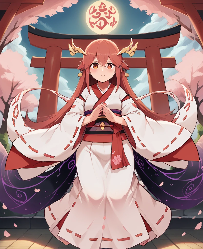 masterpiece, best quality, ultra-detailed, intricate illustration, detailed lighting, torii gate, cherry blossoms, 1 Japanese dragon miko, long flowing sleeves, ornate kimono, dragon-patterned obi, sacred ritual dance, ethereal dragon spirits, magical aura, Shinto shrine, fantasy, mythical creature, sakura petals in the air, dynamic pose, graceful movement, spiritual energy, Japanese dragon miko's eyes glowing with divine power and Japanese dragon miko's body emanating a mystical radiance