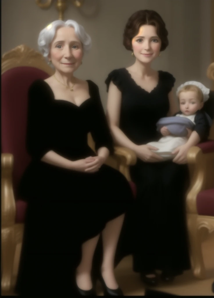 Photography of a baptism, two elderly women sitting in an elegant chair,In the middle a woman holds the baby.