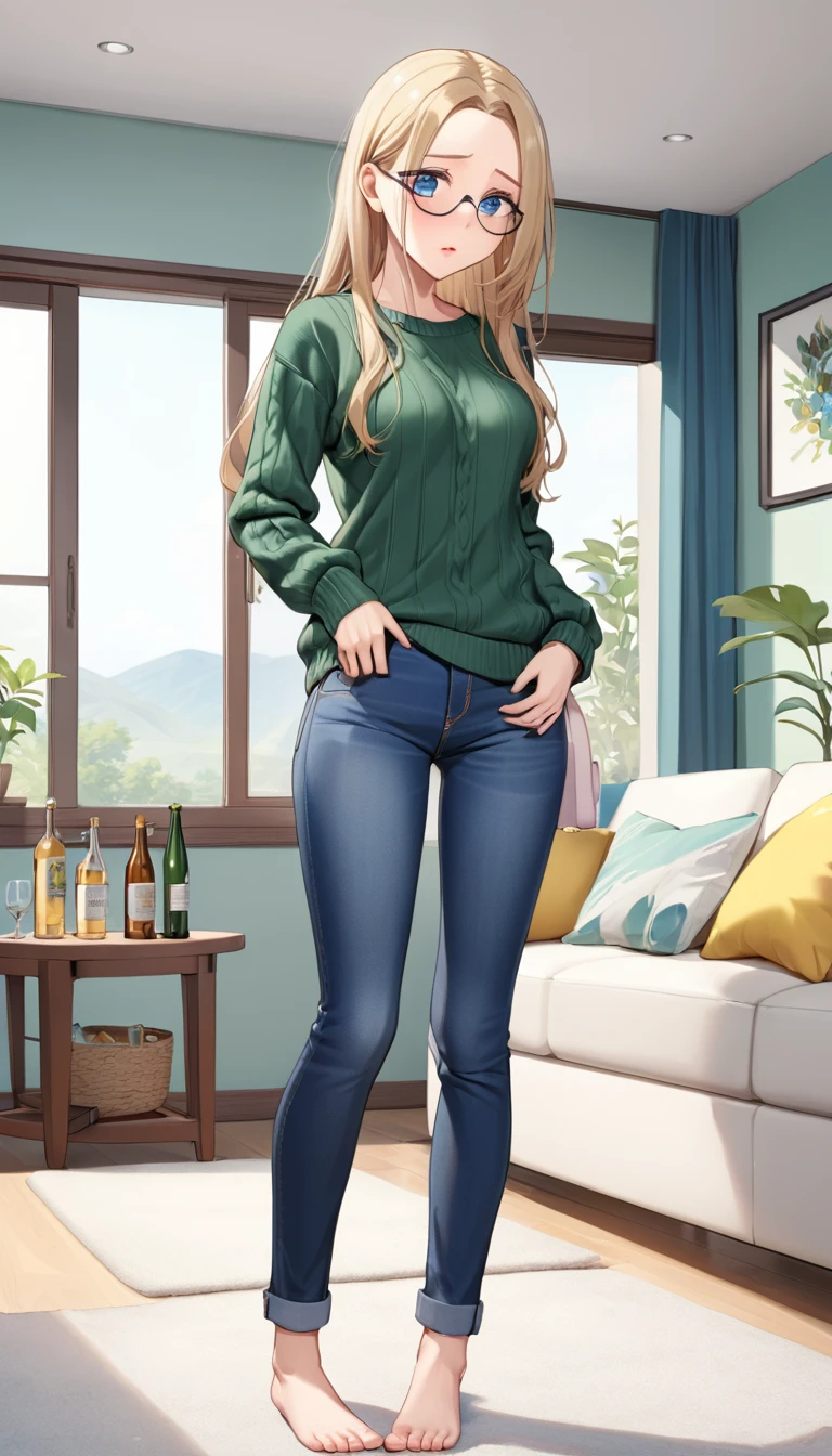 ((best quality, masterpiece:1.3, 8K)), (detailed), highly detailed face and skin texture, detailed eyes, living room, window, empty bottles, full body, (slender body:1.1), 1girl, 25 years old, white skin, blue eyes, reading glasses, bright lips, worried, embarrassed, blonde hair, straight hair, long hair, (forehead:1.0), green sweater, hard nipples, jeans pants, skinny jeans, blue jeans, barefoot, (desperation:1.5),