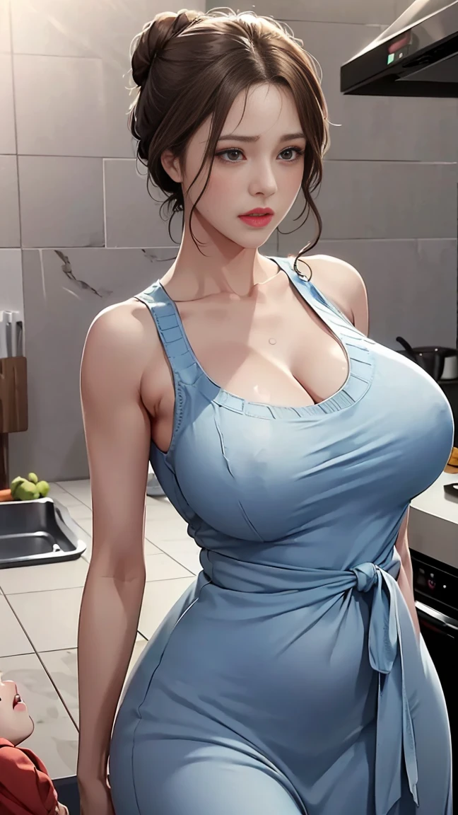 ((medium long shot)), (One ultimate beautiful mature woman), ( 1 women,1 boy), ((mom and son:1.4)), very detailed顔, detailed lips, sensual lips, detailed eye, double eyelid, brunette bun hair, big and full breasts,big , gigantic breast, (thighs thighs thighs), Exactly, perfect body, perfect face, Depth of the bounds written, perfect image realism, 、Detailed With background, detailed costume, perfect thing、hyper realism、photoreal、8K maximum resolution, (masterpiece), very detailed, Professional, ((feel shy, embarrased, nervous:1.4)), ((in the home, at kitchen :1.4)), (( sky blue knit maxi dress:1.4))
