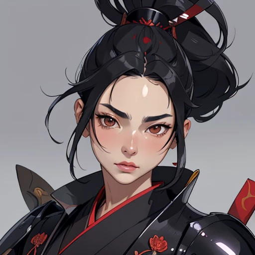 (masterpiece), (best quality),(portrait),(bust up),1girl,solo,(sharp focus),(look at viewer),Samurai girl,black hair, (kimono:0.5), ancient luxurious long clothes,(simple background),old school fantasy art,super shiny face,Ultra Glossy Skin