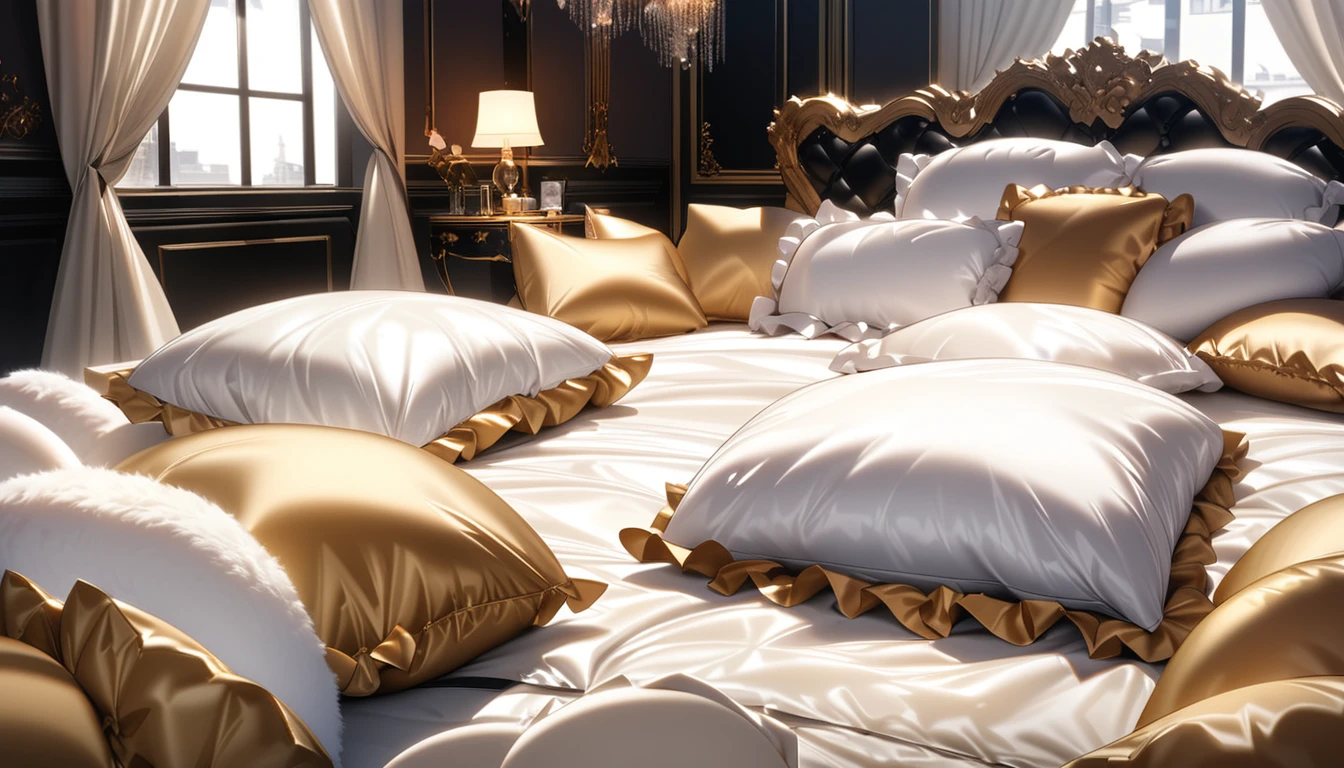 Lots of giant silk pillows. Luxurious and fluffy silk bed. White chocolate sauce splattered