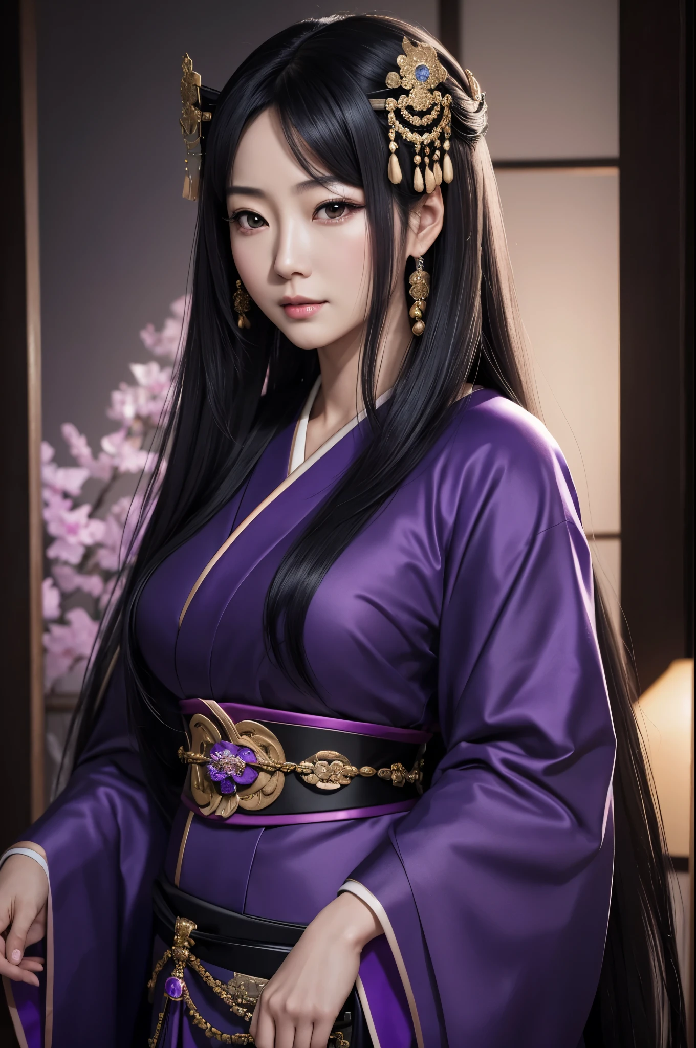 (8K,Photorealistic　to be born写真　Highest quality;1.4) Mature Japanese Goddess,so beautiful(A vivid face) ,(Long black hair),清楚なQueen,Gorgeous black and purple Japanese goddess&#39;Traditional costume of the month,Engage your audience,Beautiful expression,Moist black eyes,Queenのメイクアップ,(Queen),charm,Small breasts,Golden decoration,筋肉質の細い身体のマッチョなQueen,Gorgeous hair ornament,Holding a folding fan,kimono,Black and purple 月のkimono,非常にSmall breasts,Red eyeshadow,Ultra-high resolution,Surreal,Attention to detail,Rich colors, Backlight, Cinema Lighting, Film Grain, to be born, 50mm lens, Nikon D850,smile,Ultra-realistic,Highest qualityのフォトリアリスティックなRAW写真。Bright colors,Image of a perfect woman,Fantasy art,Character Art,background,A room in a large mansion,Extremely stiff abs,Muscular Beauty,Flower Hair Ornaments,Hairpin,