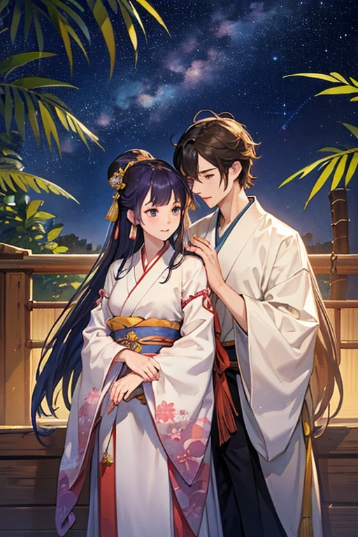 Highest quality、masterpiece、High sensitivity、High resolution、Detailed Description、Tanabata、A man and a woman meet、Orihime and Hikoboshi、milky way、Bamboo leaf、Strip、