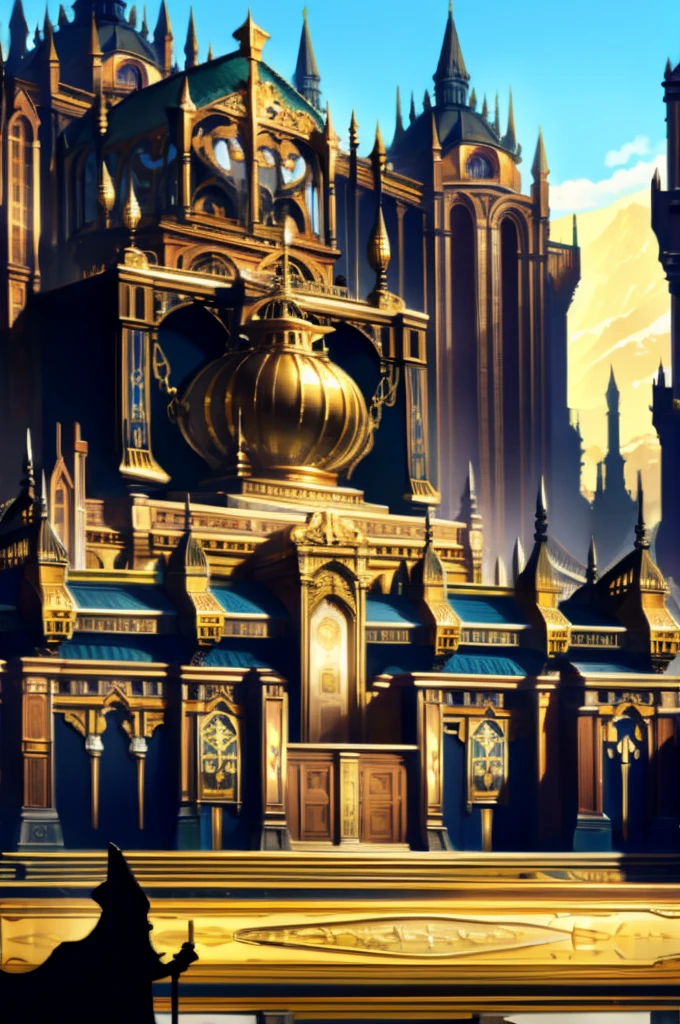 gold and black kingdom, big castle, statue, 