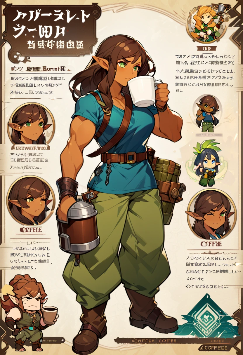 a cartoon half elf girl with a blue tanktop and green cargo pants holding a cup of coffee, botw style, full body portrait of an elf tomboy, full body character portrait, muscular female engineer, detailed character art, dnd character, character full body portrait, grumpy and exhausted, drinking coffee, dark tan skin, emerald eyes, chestnut brown hair, long hair, steampunk fantasy 