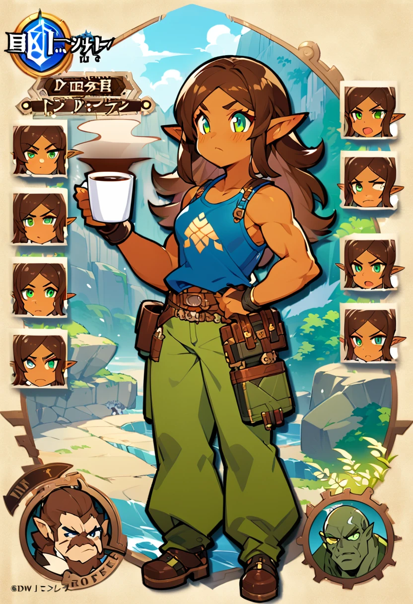 a cartoon half elf girl with a blue tanktop and green cargo pants holding a cup of coffee, botw style, full body portrait of an elf tomboy, full body character portrait, muscular female engineer, detailed character art, dnd character, character full body portrait, grumpy and exhausted, drinking coffee, dark tan skin, emerald eyes, chestnut brown hair, long hair, steampunk fantasy 