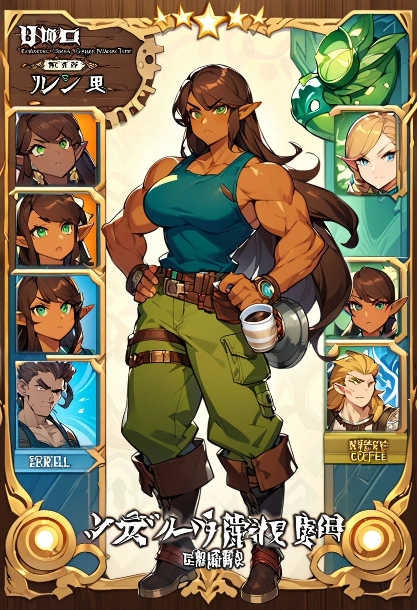 a cartoon half elf girl with a blue tanktop and green cargo pants holding a cup of coffee, botw style, full body portrait of an elf tomboy, full body character portrait, muscular female engineer, detailed character art, dnd character, character full body portrait, grumpy and exhausted, drinking coffee, dark tan skin, emerald eyes, chestnut brown hair, long hair, steampunk fantasy 