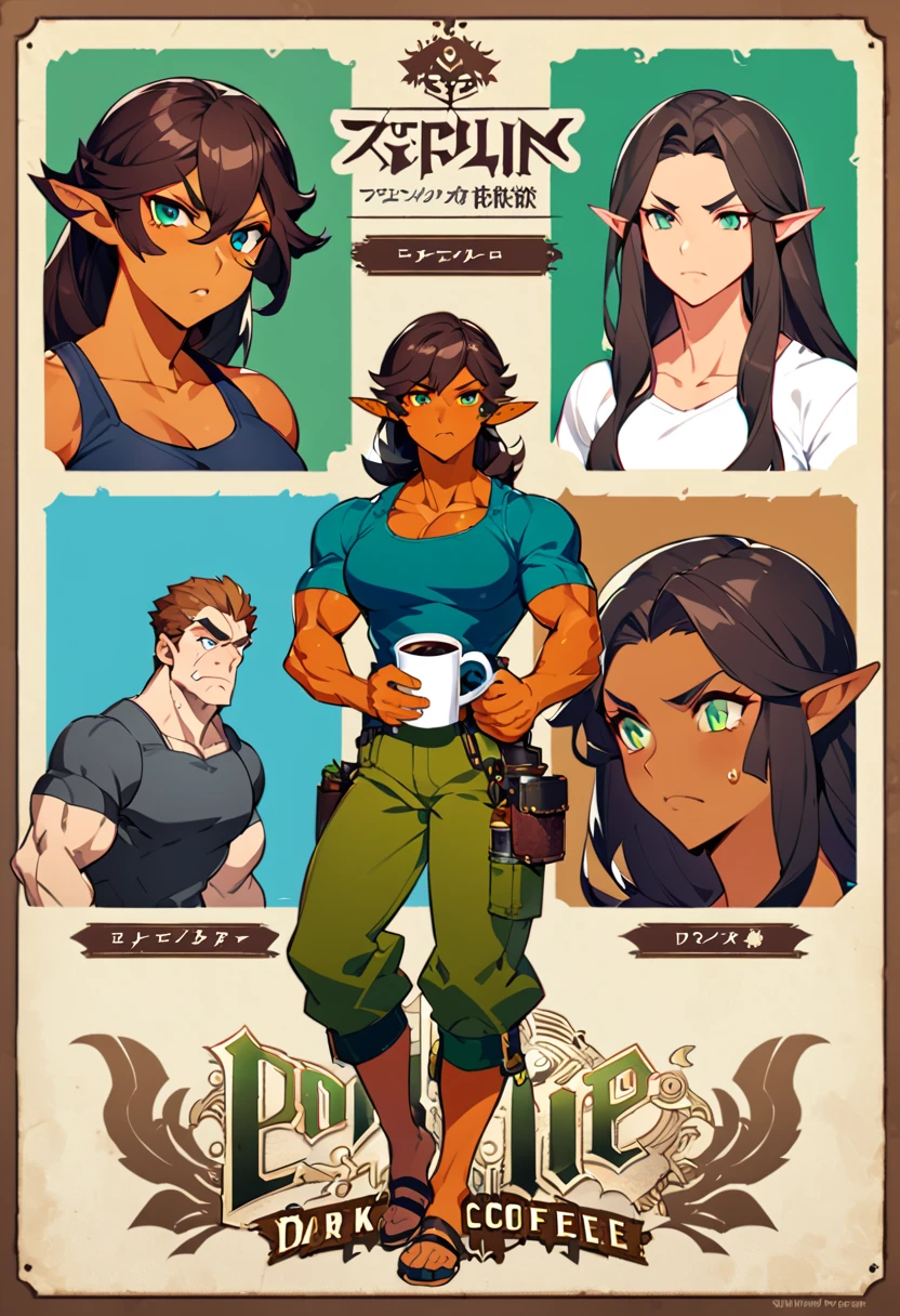 a cartoon half elf girl with a blue tanktop and green cargo pants holding a cup of coffee, botw style, full body portrait of an elf tomboy, full body character portrait, muscular female engineer, detailed character art, dnd character, character full body portrait, grumpy and exhausted, drinking coffee, dark tan skin, emerald eyes, chestnut brown hair, long hair, steampunk fantasy 