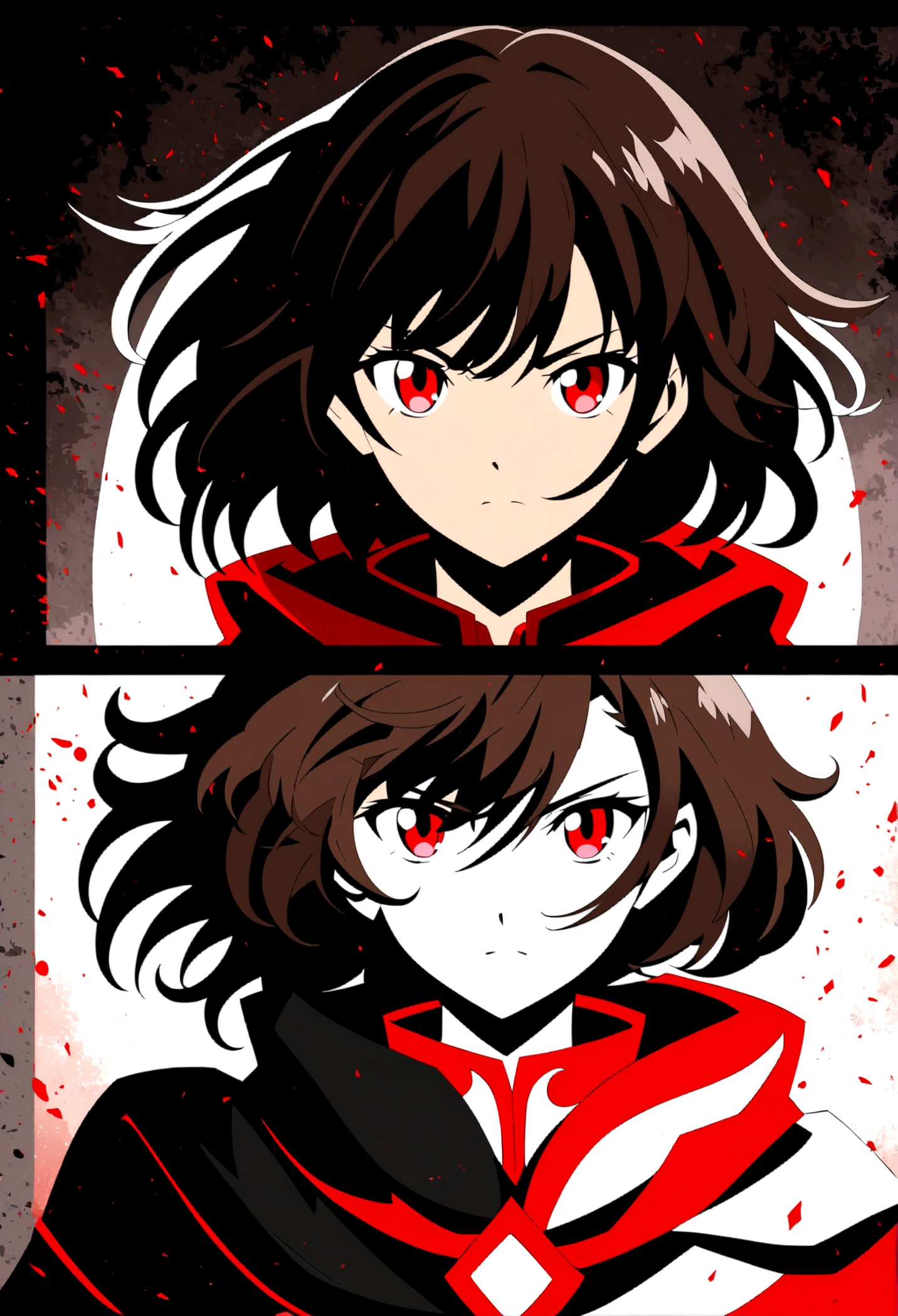 anime style diffusion, upper body, (face to the side 0.3), girl with long messy brown hair bright red eyes, (open eyes 0.5), (serious face 0.1), black majestc cloak with red details, upper light, high contrast , 2D style, photoshop, cinematic
