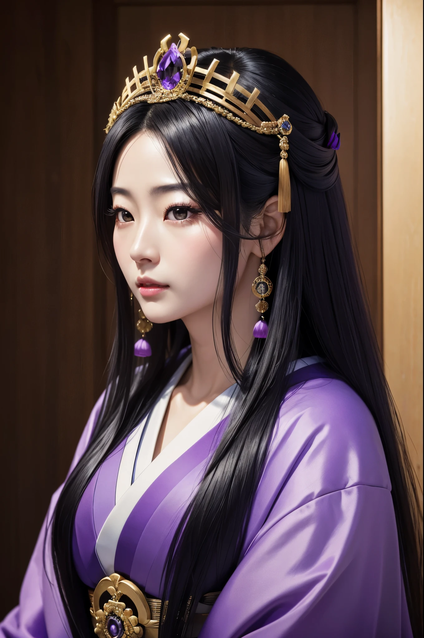 (8K,Photorealistic　to be born写真　Highest quality;1.4) Mature Japanese Goddess,so beautiful(A vivid face) ,(Long black hair),清楚なQueen,Gorgeous black and purple Japanese goddess&#39;Traditional costume of the month,Engage your audience,Beautiful expression,Moist black eyes,Queenのメイクアップ,(Queen),charm,Small breasts,Golden decoration,筋肉質の細い身体のマッチョなQueen,Gorgeous hair ornament,Holding a folding fan,kimono,Black and purple 月のkimono,非常にSmall breasts,Red eyeshadow,Ultra-high resolution,Surreal,Attention to detail,Rich colors, Backlight, Cinema Lighting, Film Grain, to be born, 50mm lens, Nikon D850,smile,Ultra-realistic,Highest qualityのフォトリアリスティックなRAW写真。Bright colors,Image of a perfect woman,Fantasy art,Character Art,background,A room in a large mansion,Extremely stiff abs,Muscular Beauty,Flower Hair Ornaments,Hairpin,