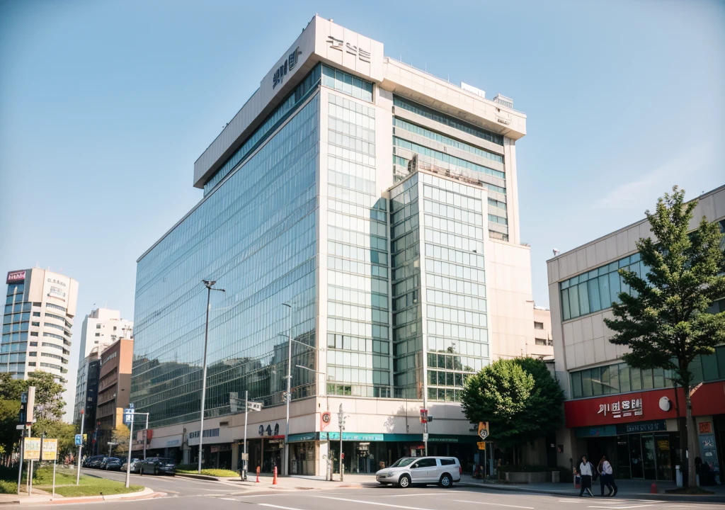 major company, big building, korea, 1 man, sunny weather