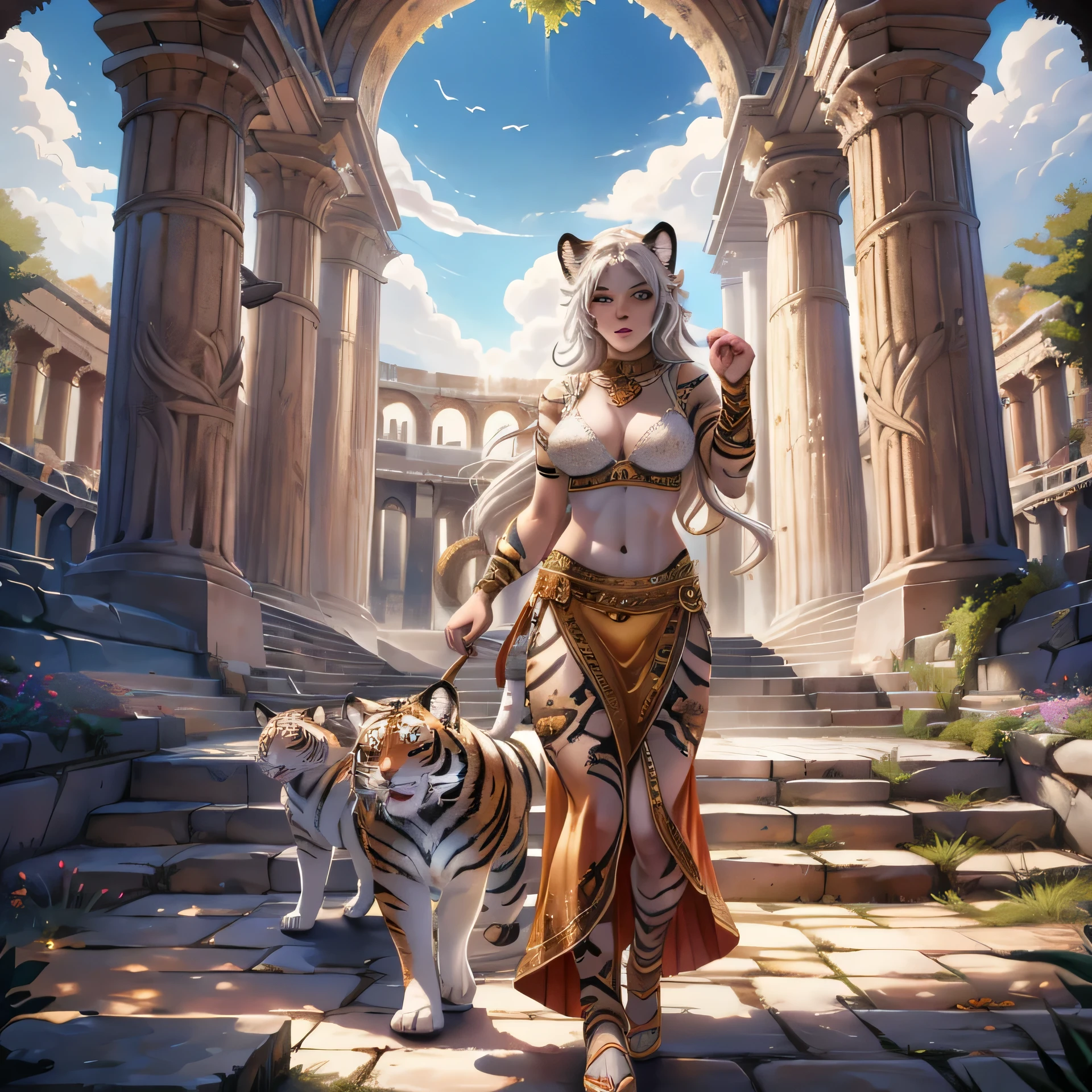 the scene takes place in a Flavian Amphitheater, [Best quality, shadow, extreme detail, very detailed, ultra detailed, complex, realistic, complex and detailed masterpiece of an ancient Greek dream], the dream is of the breed human cats, she is decorated with intricate tiger tattoos, sporting magnificent white fur, dressed in a bra, (accompanied by her faithful white tiger companion),
