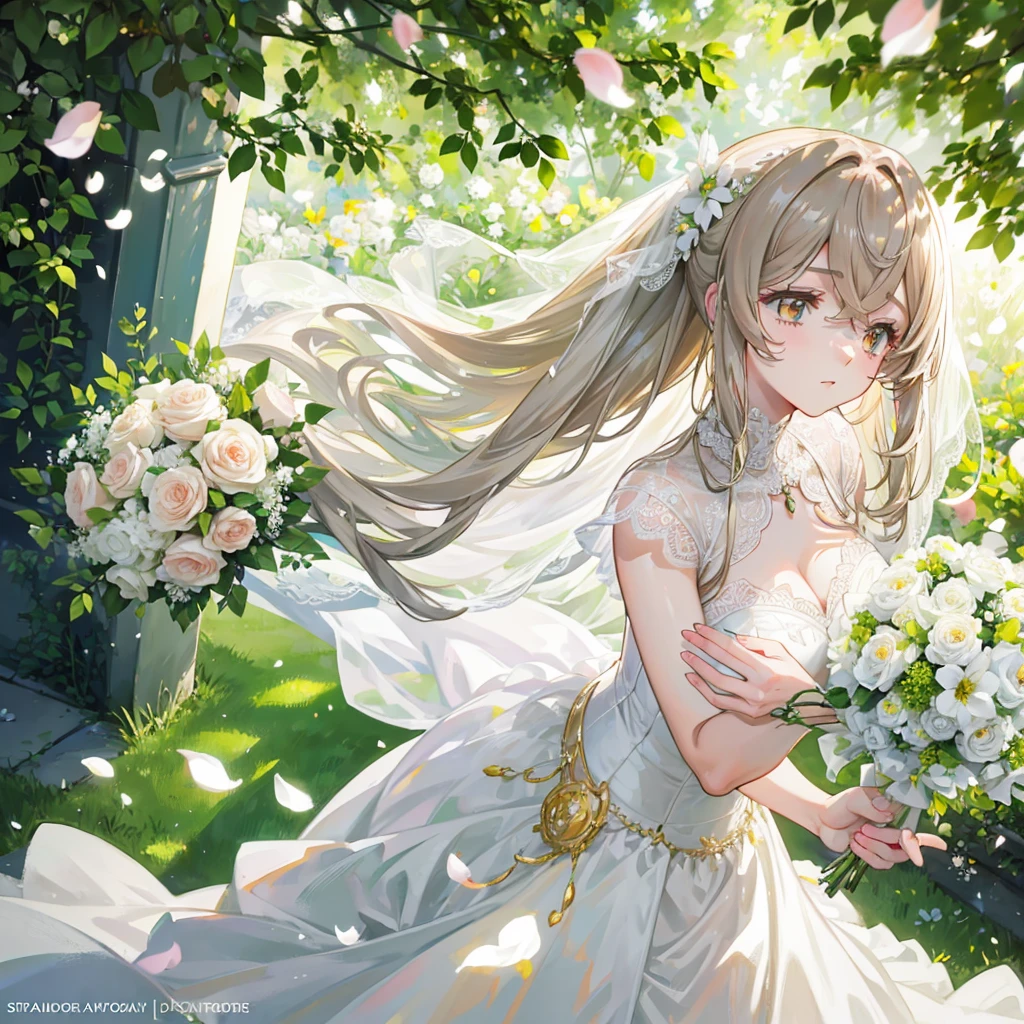 A beautiful bride in a lush garden, white wedding dress, holding bouquet, surrounded by flowers, sunlight, serene expression, elegant pose, soft lighting, photorealistic, intricate detail, cinematic composition, warm color palette