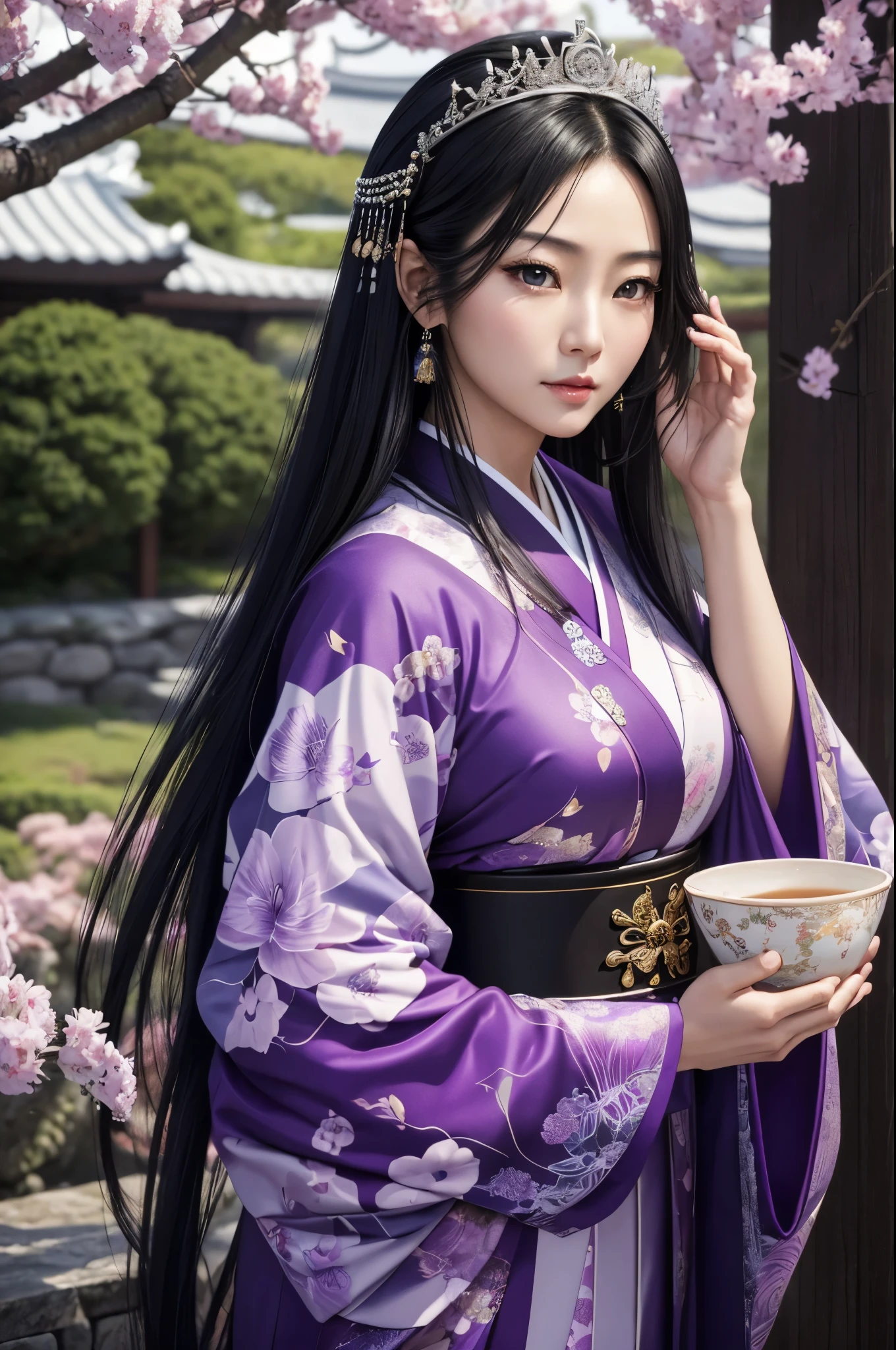 (8K,Photorealistic　to be born写真　Highest quality;1.4) Mature Japanese Goddess,so beautiful(A vivid face) ,(Long black hair),清楚なQueen,Gorgeous black and purple Japanese goddess&#39;Traditional costume of the month,Engage your audience,Beautiful expression,Moist black eyes,Queenのメイクアップ,(Queen),charm,Small breasts,Golden decoration,筋肉質の細い身体のマッチョなQueen,Gorgeous hair ornament,Holding a folding fan,kimono,Black and purple 月のkimono,非常にSmall breasts,Red eyeshadow,Ultra-high resolution,Surreal,Attention to detail,Rich colors, Backlight, Cinema Lighting, Film Grain, to be born, 50mm lens, Nikon D850,smile,Ultra-realistic,Highest qualityのフォトリアリスティックなRAW写真。Bright colors,Image of a perfect woman,Fantasy art,Character Art,background,A room in a large mansion,Extremely stiff abs,Muscular Beauty,Flower Hair Ornaments,Hairpin,