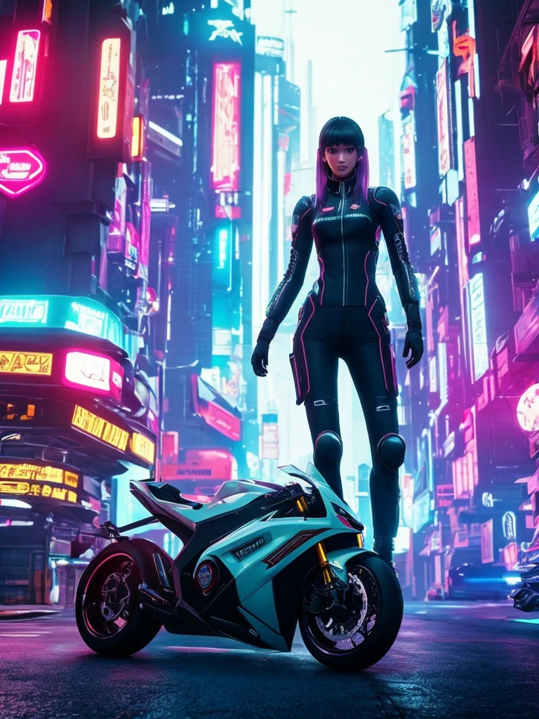 Cyberpunk: A slender girl is driving a futuristic motorcycle, racing through a neon city, full-body image