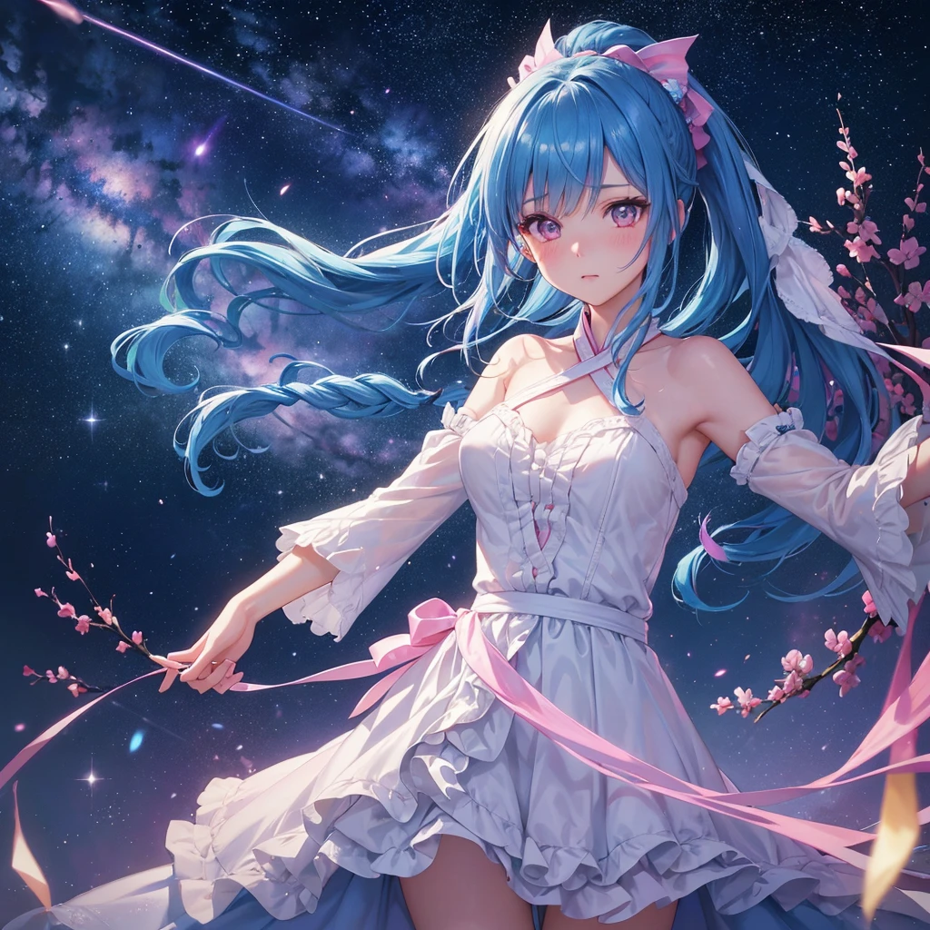 Sky blue hair, (One braided ponytail),(Pink Eyes),Fair skin ,(whole body),(One girl),Orihime,Sky Yue,Tanabata,(The Milky Way in the night sky),Hollow Eyes,Blushing,Straight bangs,(masterpiece, Highest quality, Very detailed, Best Shadow), (Detailed Background), (Beautifully detailed face), High Contrast, (Best lighting, Very delicate and beautiful), ((Cinematic Light)), colorful, Hyper Detail, Dramatic Light, Intricate details,Open your arms